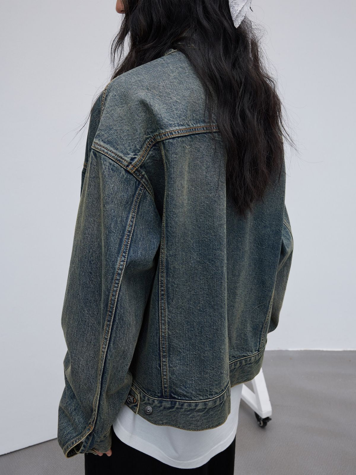RandomPiece Vintage Wash Cropped Denim Jacket in Denim - On Model