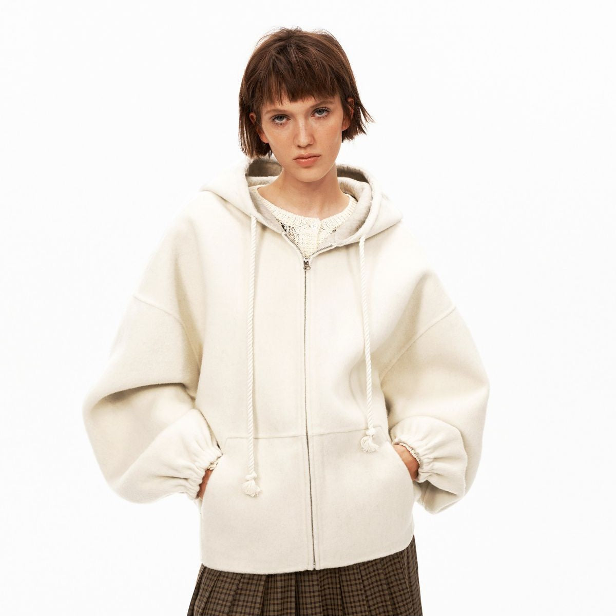 PUKI Double Faced Wool Hooded Jacket in White - On Model