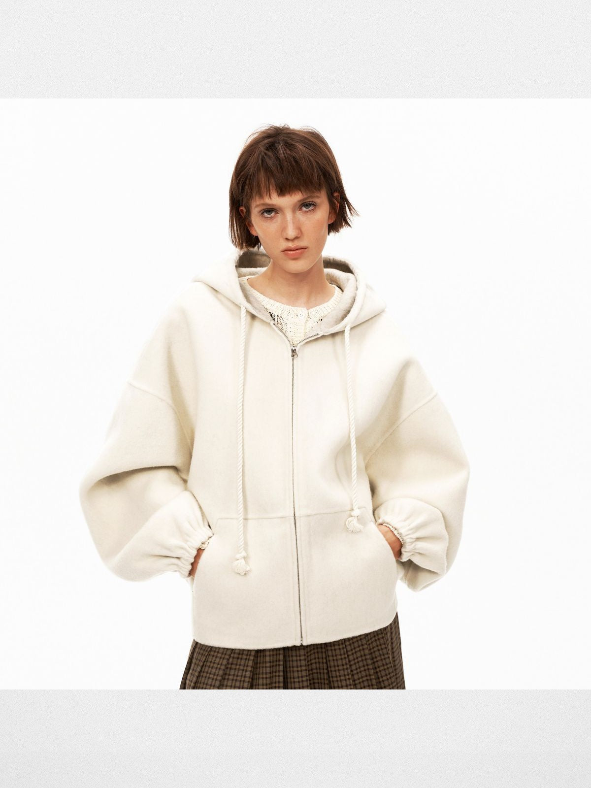 PUKI Double Faced Wool Hooded Jacket in White - On Model