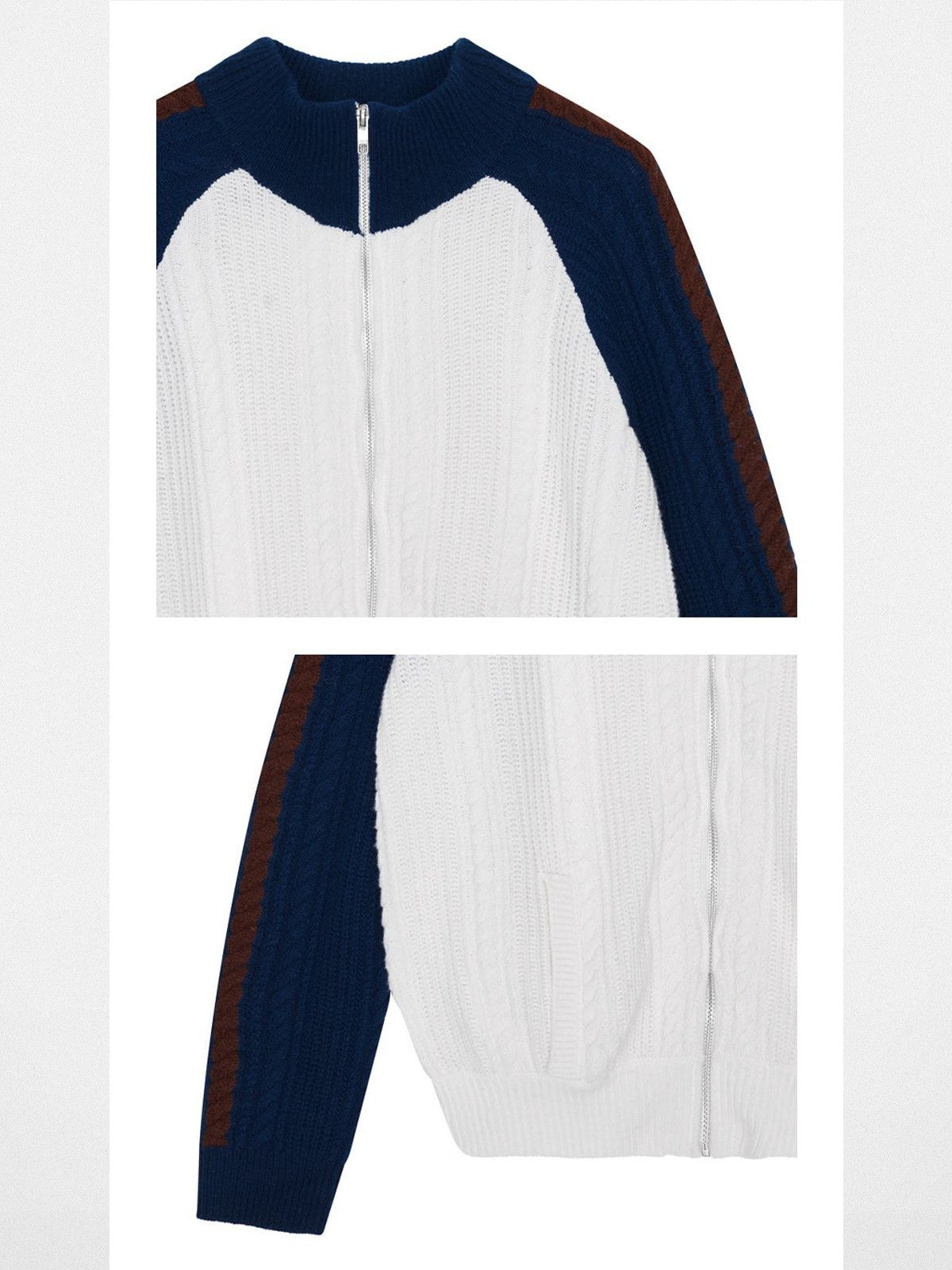 SHUSHUTONG Color Block Merino Zip Cardigan in White - Detail