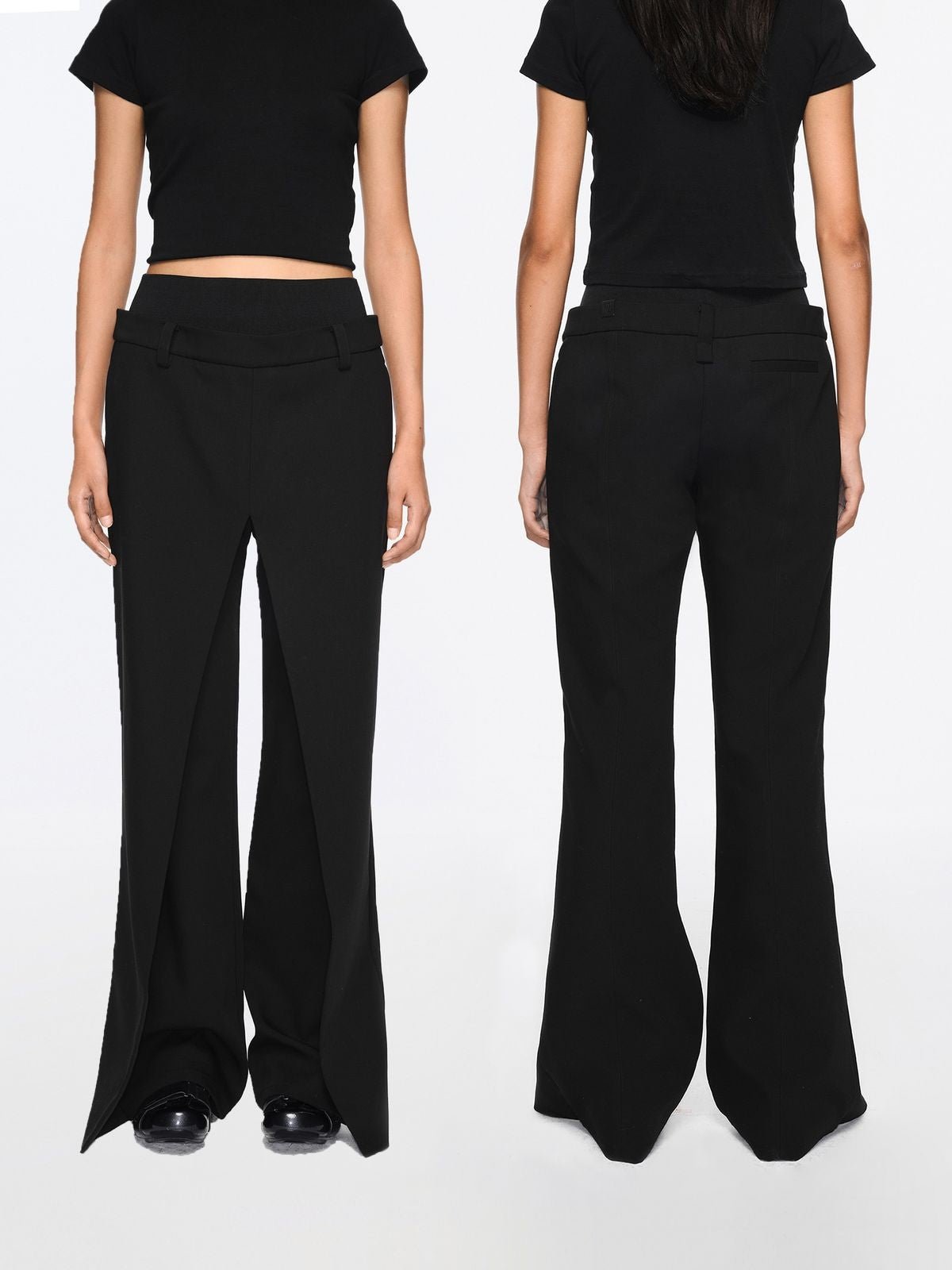 RARELY ALIKE Ribbed Waist Overlay Trousers in Black - On Model