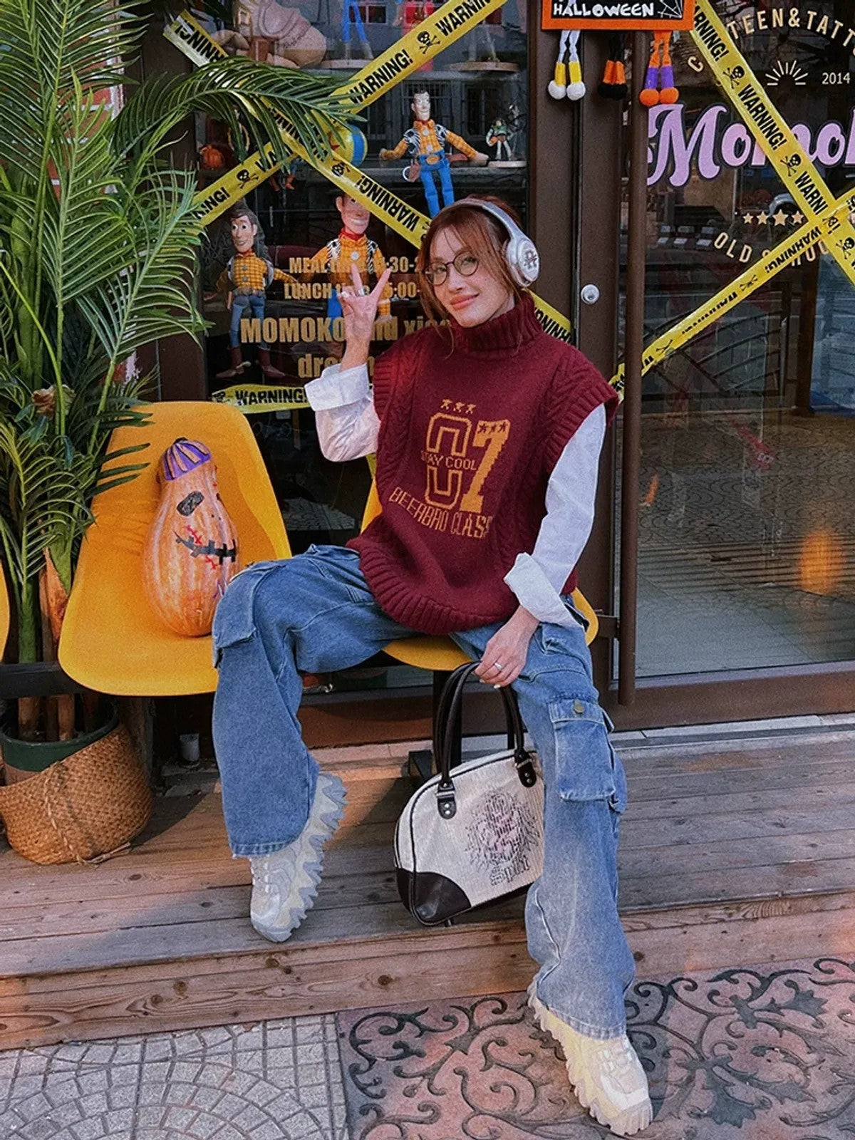 BeerBro Graphic Cable Knit Turtleneck Vest in Burgundy - On Model