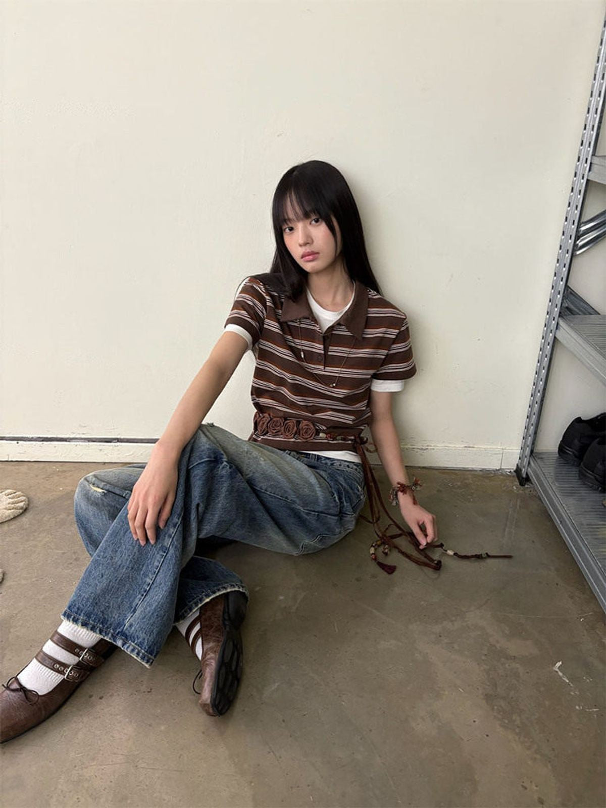 NeverSeez Striped Drawstring Cropped Polo in Brown - On Model