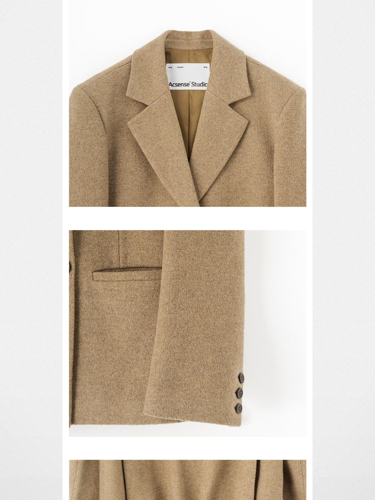 ACSENSE STUDIO Pleated Back Wool Blend Blazer in Beige - Detail