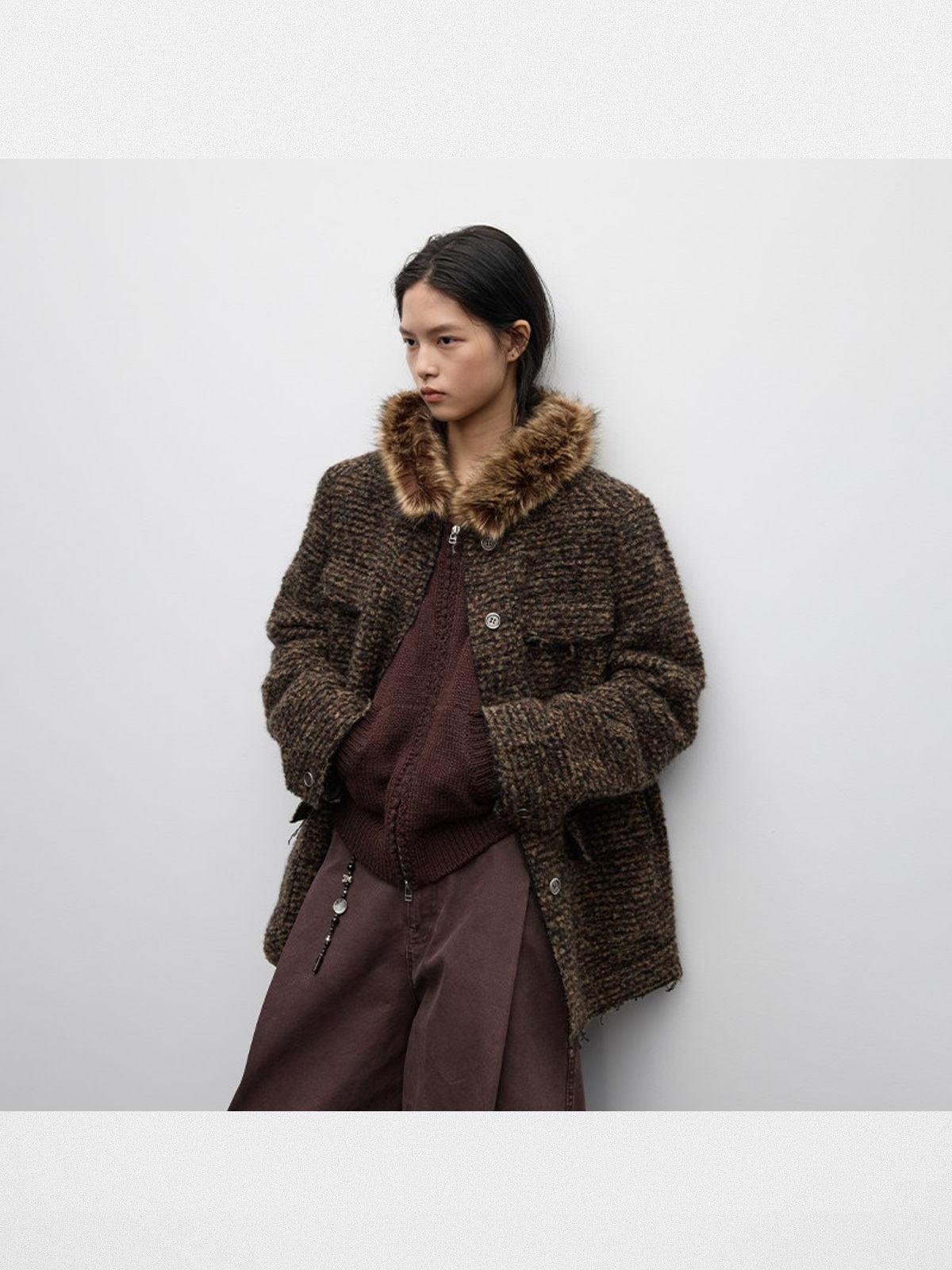 RandomPiece Raw Edge Collarless Boucl Blazer in Brown - On Model