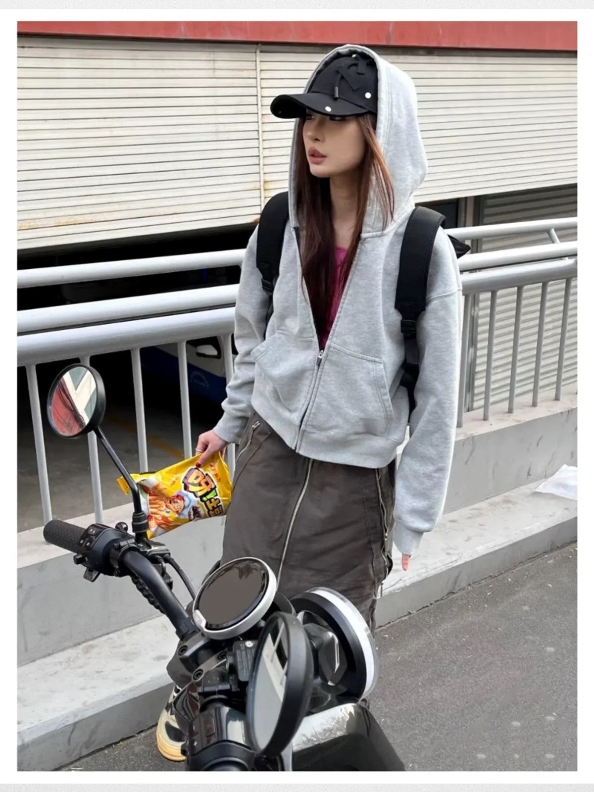 VLABMADE Boxy Cropped Zip Up Hoodie in Gray - On Female Model