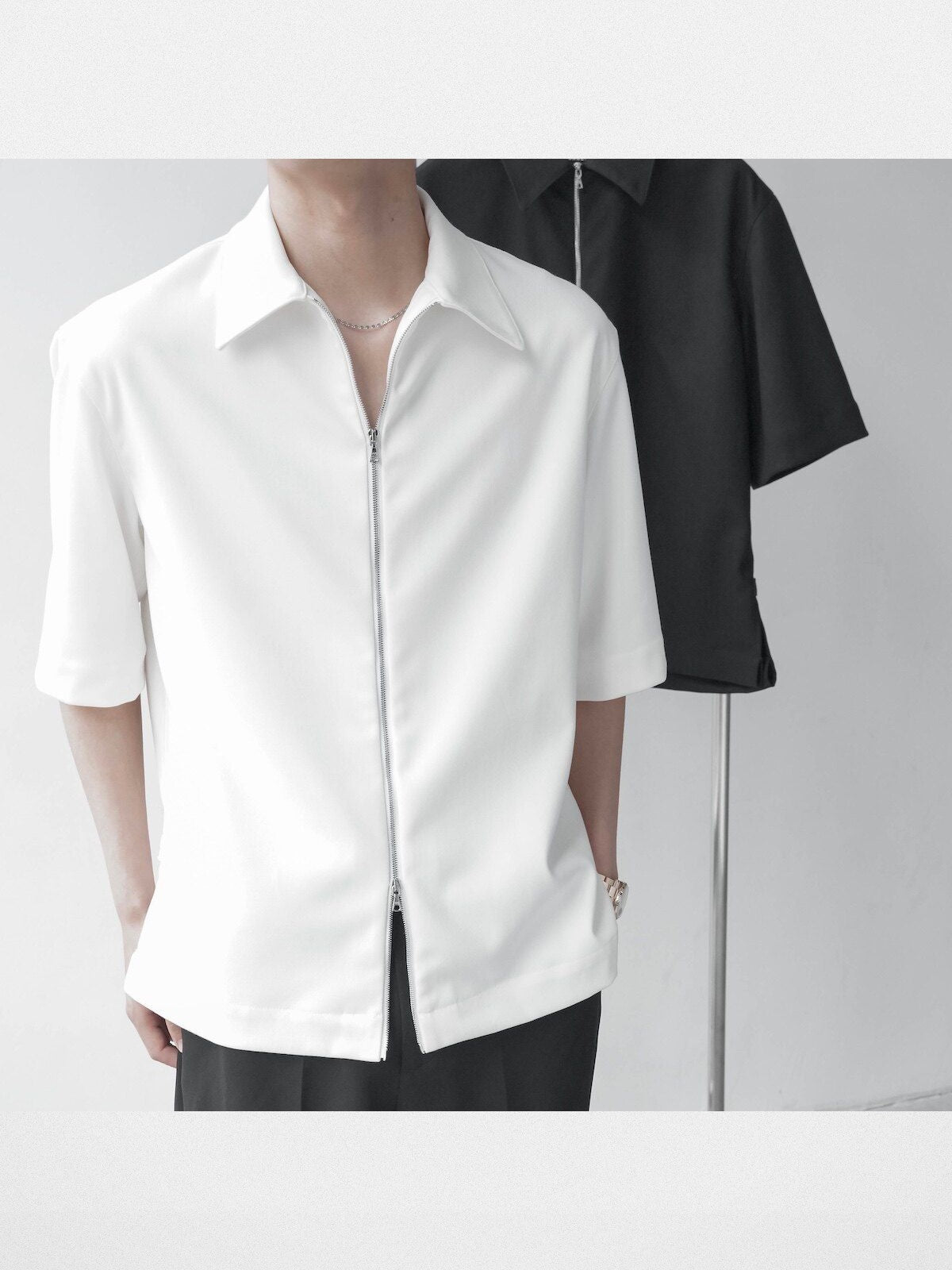 Roolrren Homme Worsted Wool Zip Up Shirt Jacket in White - On Model