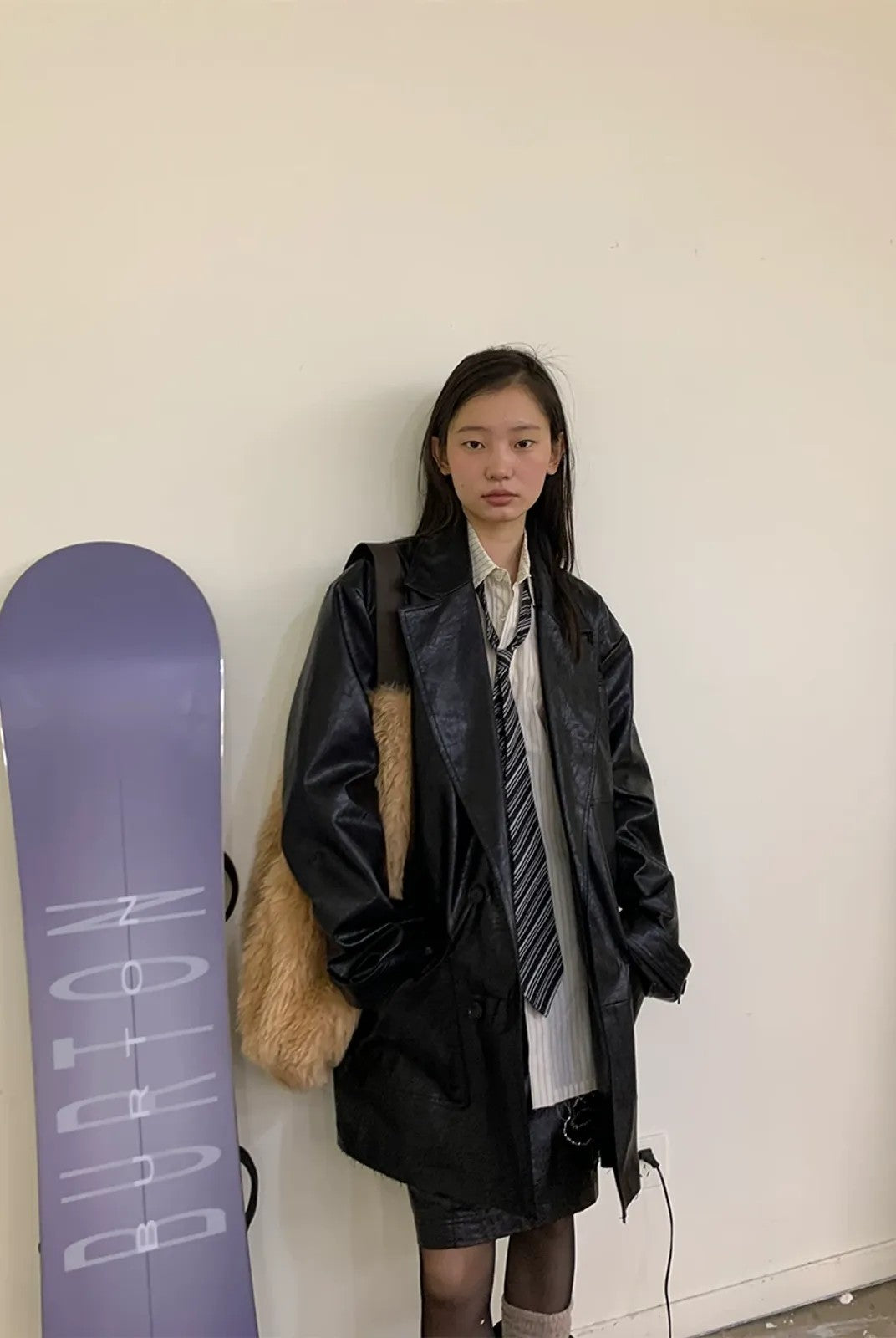 NeverSeez Thinsulate Padded Faux Leather Coat in Black - On Model