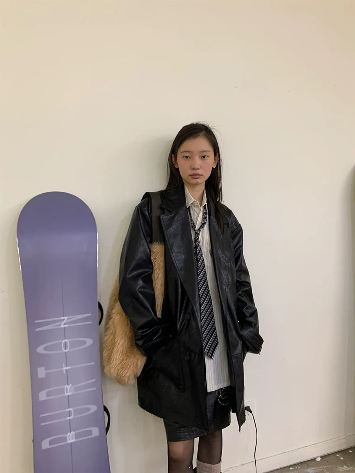 NeverSeez Thinsulate Padded Faux Leather Coat in Black - On Female Model