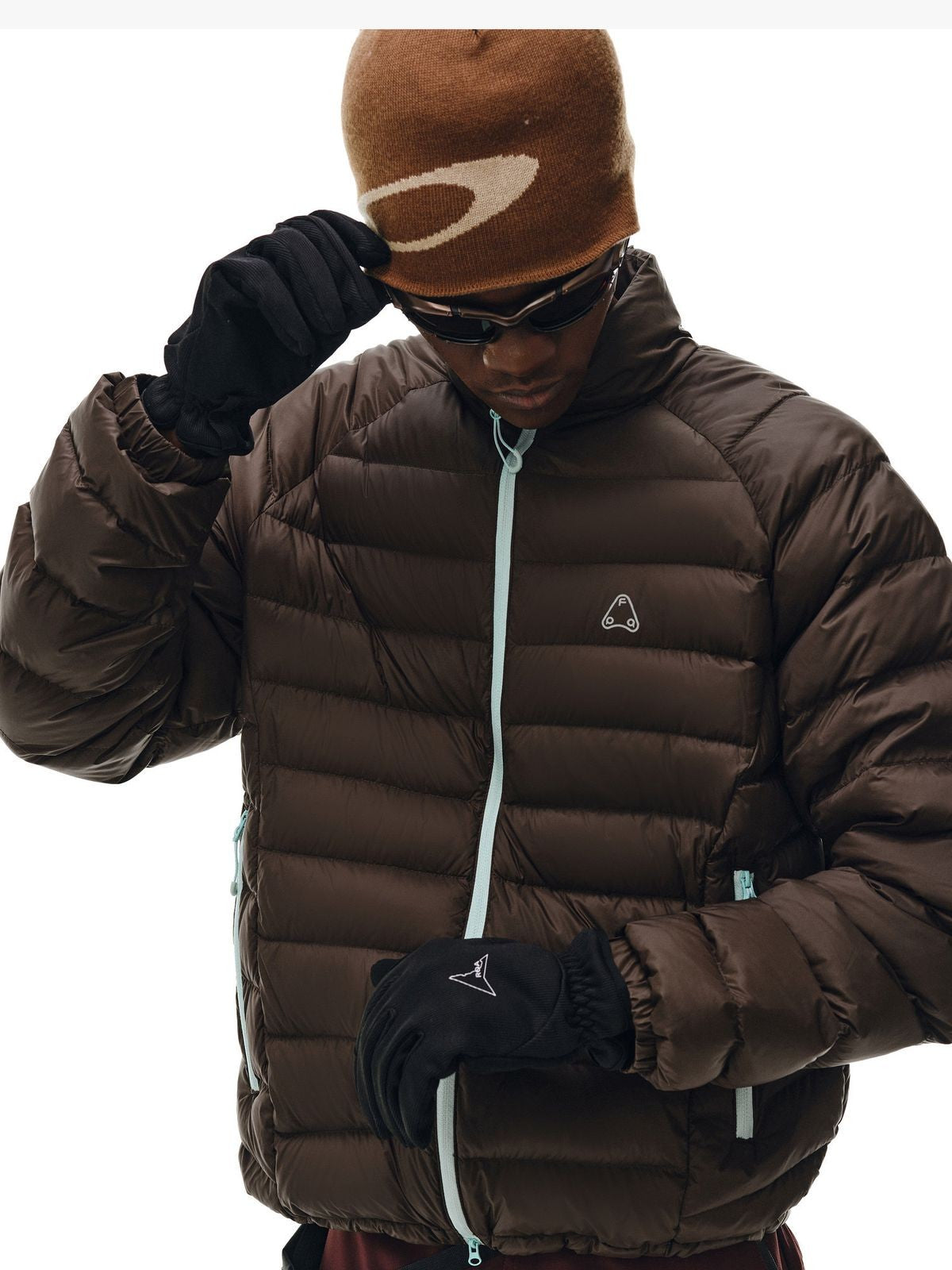 FPA Contrast Zip Down Puffer in Brown - On Male Model