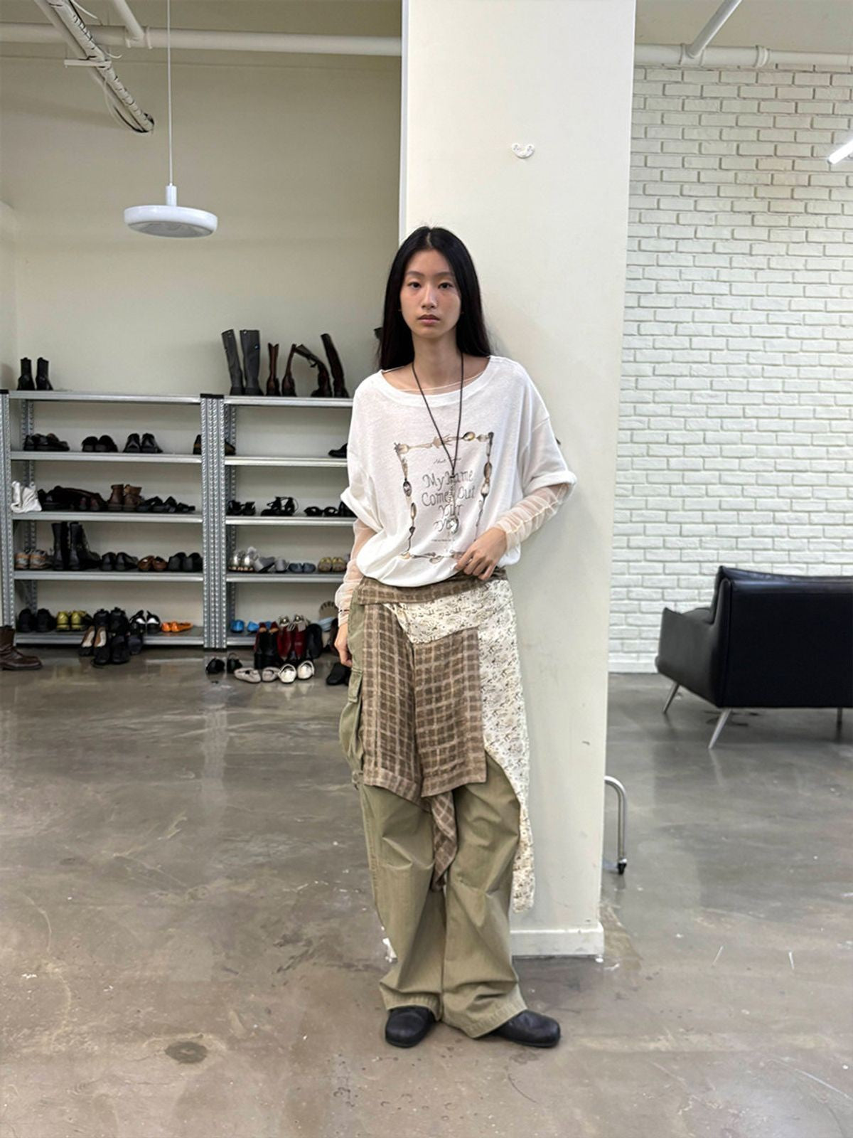 NeverSeez Spoon Frame Print T Shirt in Olive - On Model