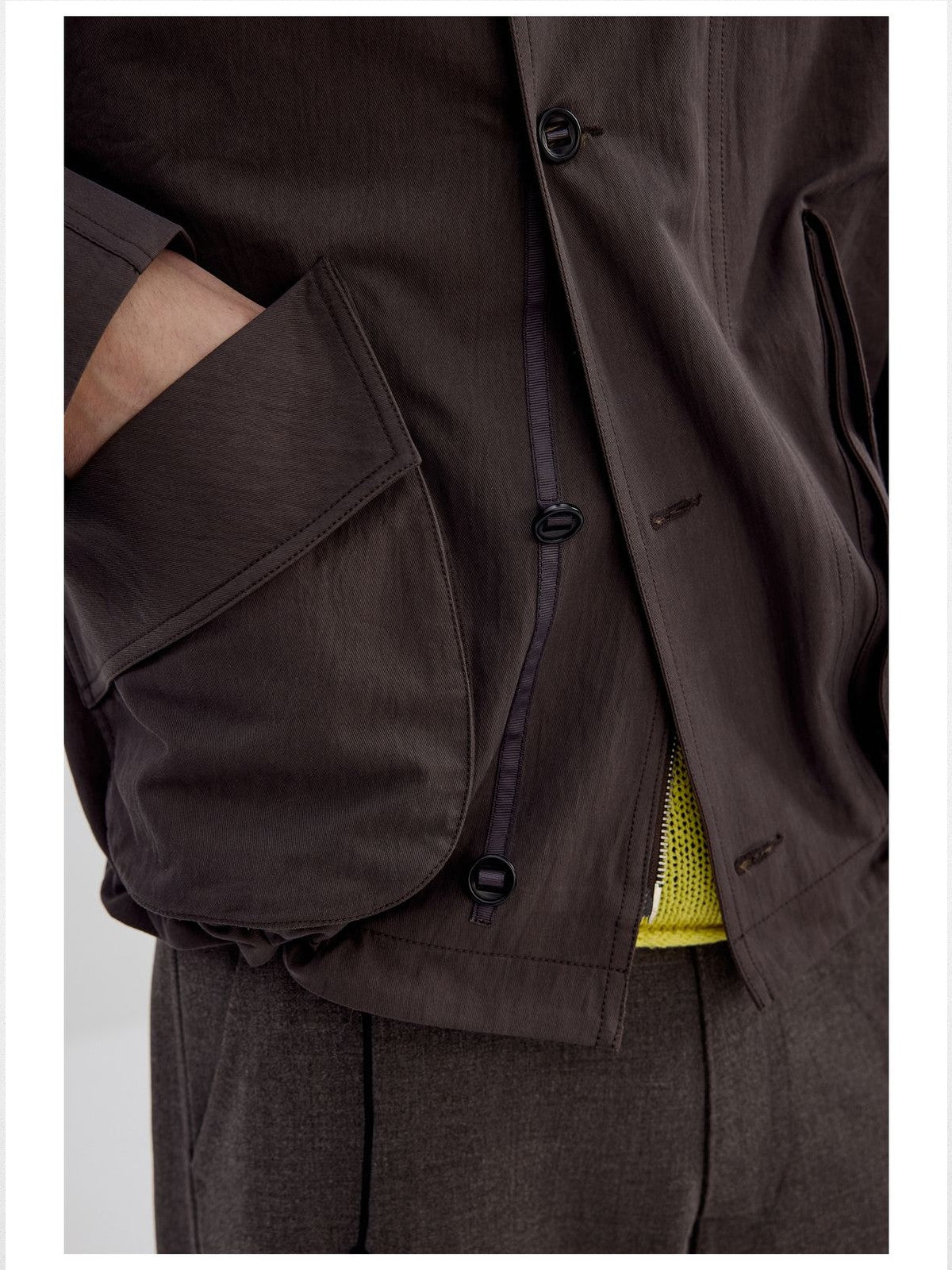 Simple Project Cotton Nylon Stand Collar Jacket in Brown - Detail