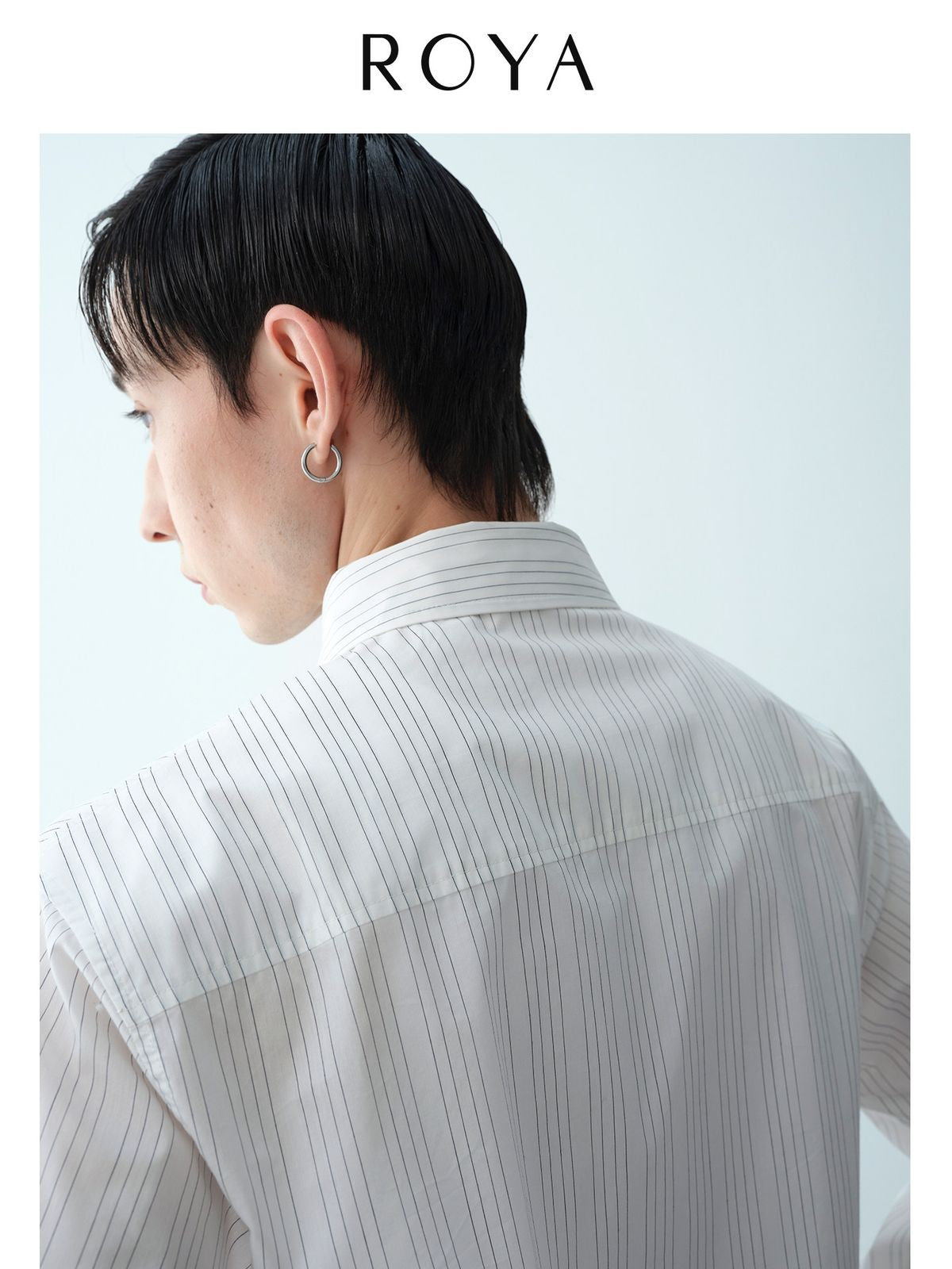 ROYA Hidden Placket Pinstripe Shirt in Black - On Model