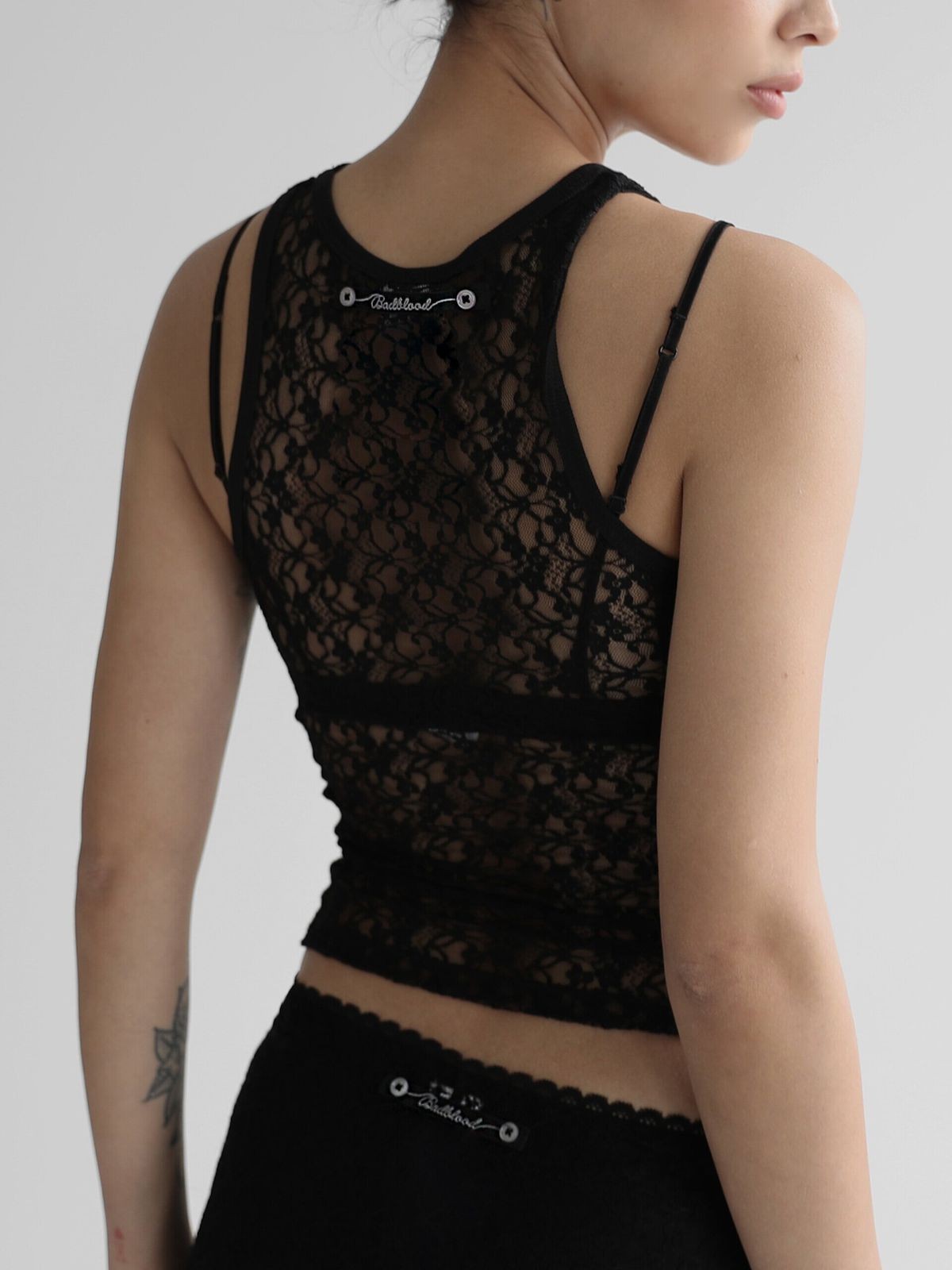 BADSEED Sheer Floral Lace Tank Top in Black - On Model