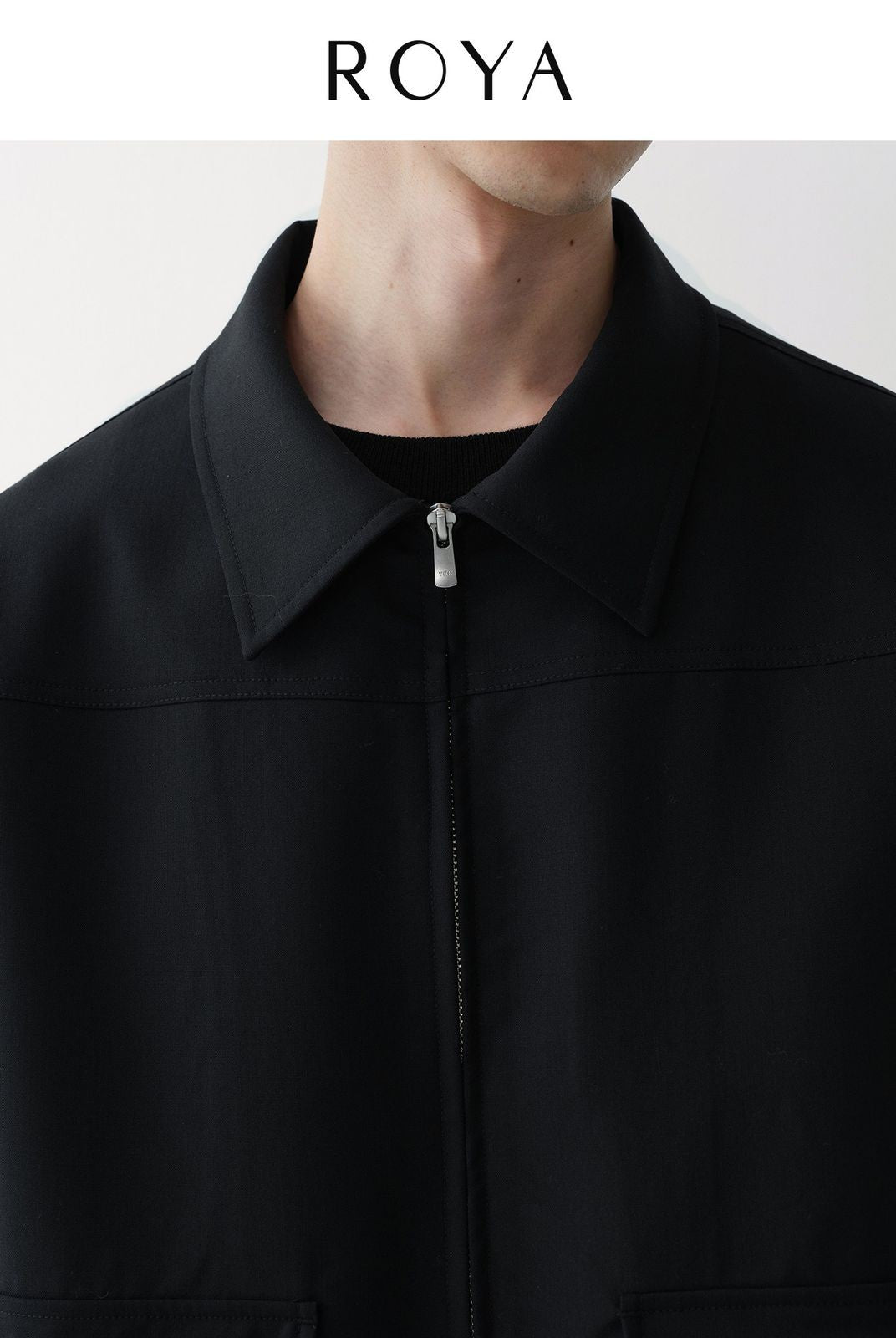 ROYA Merino Wool Zip Up Boxy Jacket in Black - On Model