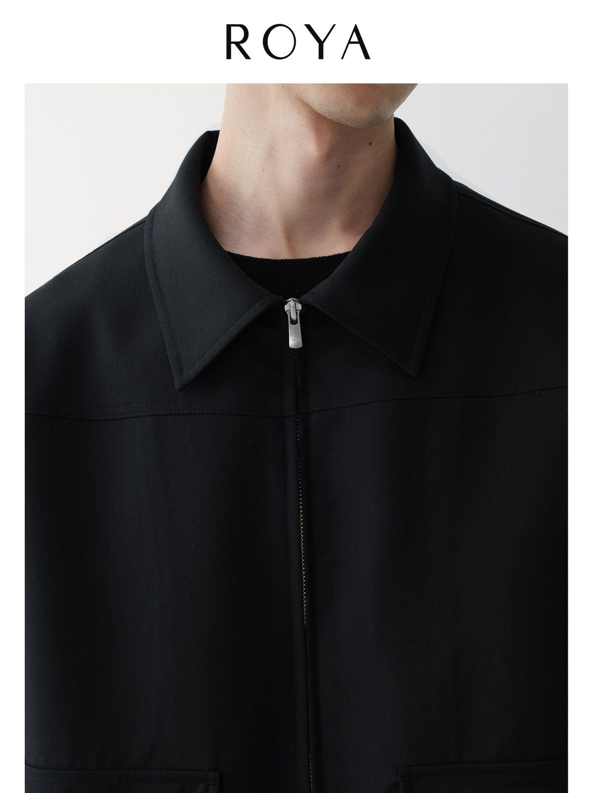 ROYA Merino Wool Zip Up Boxy Jacket in Black - On Model