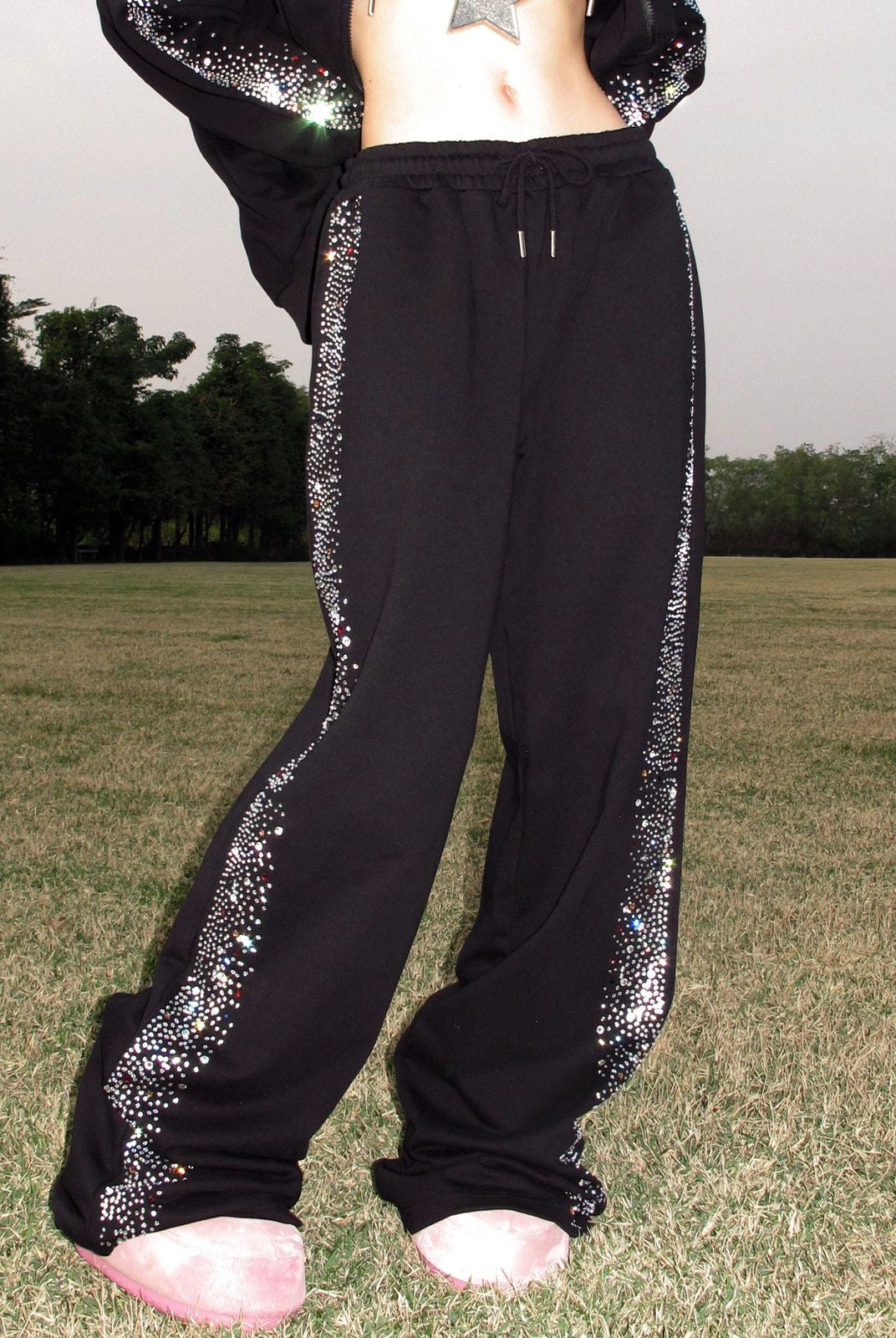 CFIERCE Crying Unicorn Rhinestone Joggers in Black - On Model