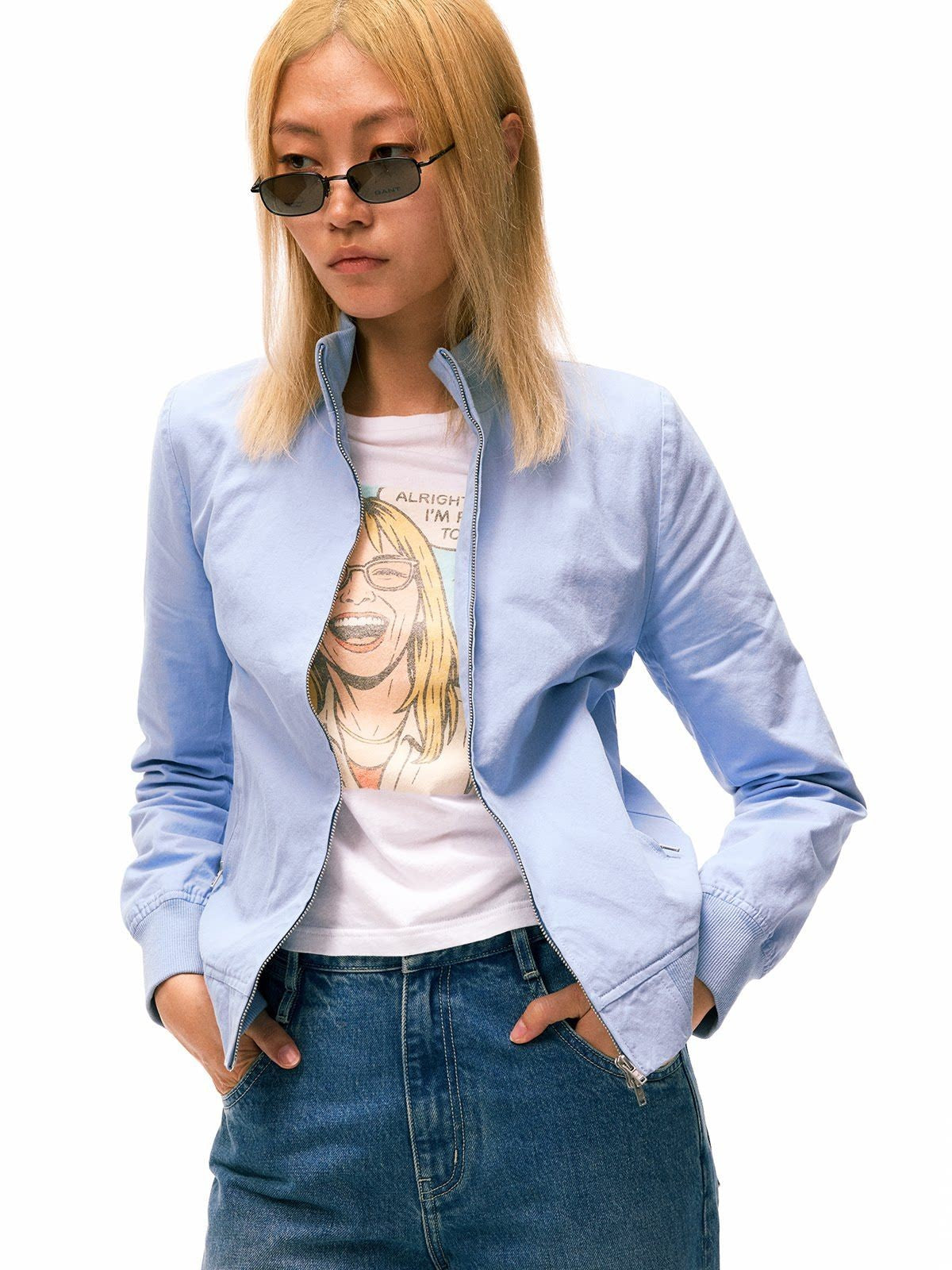 alright then Brushed Cotton Stand Collar Jacket in Sky Blue - On Female Model