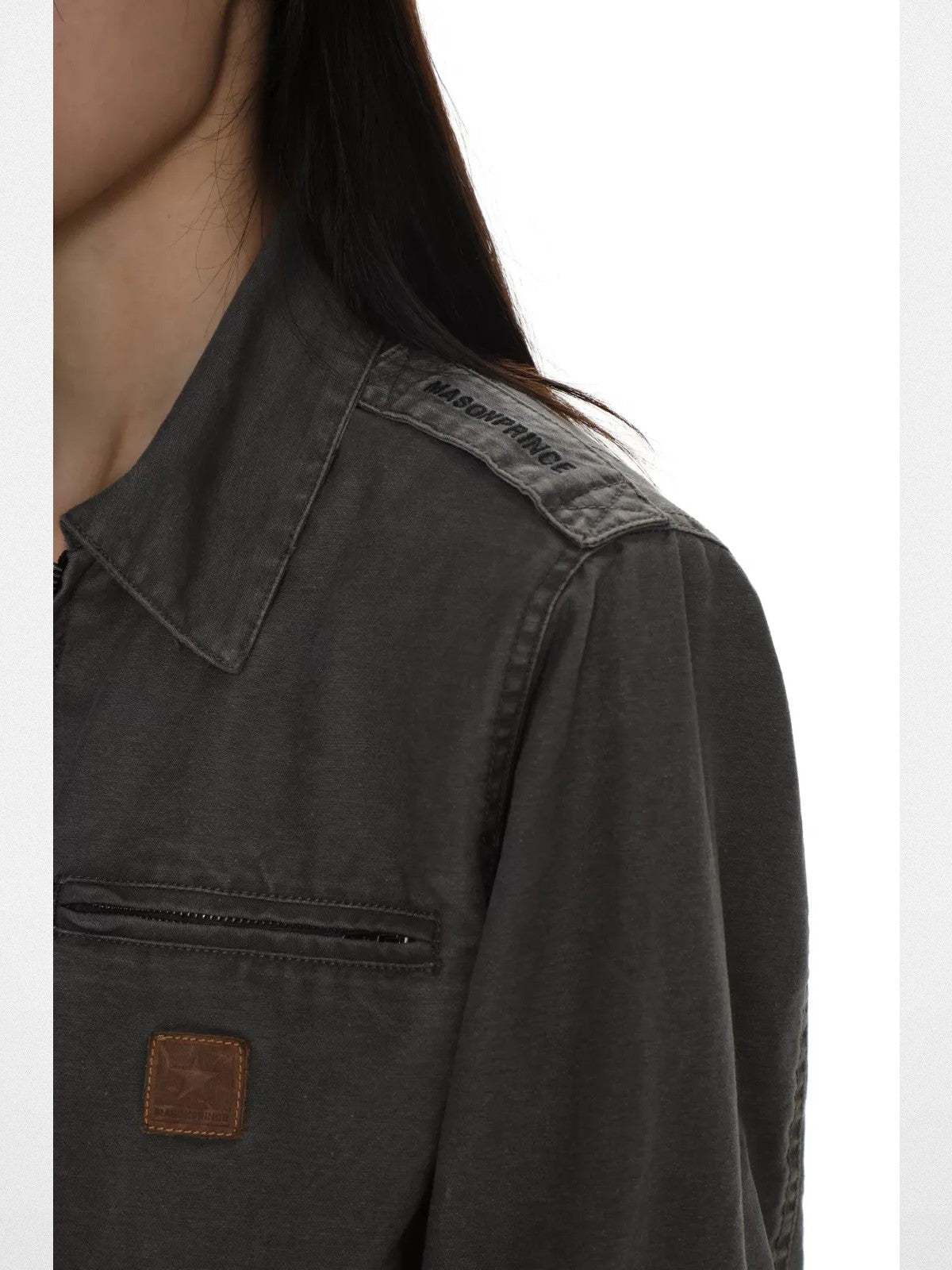 MasonPrince Distressed Cotton Workwear Jacket in Gray - On Model #color_gray