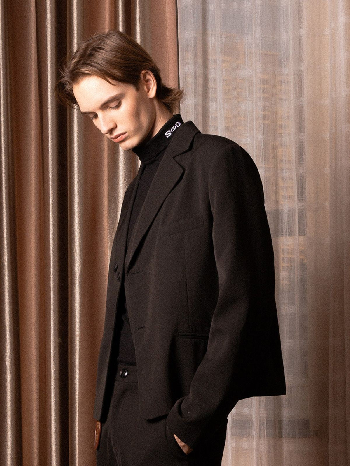 SOD Deconstructed Asymmetric Wool Blazer in Black - On Model
