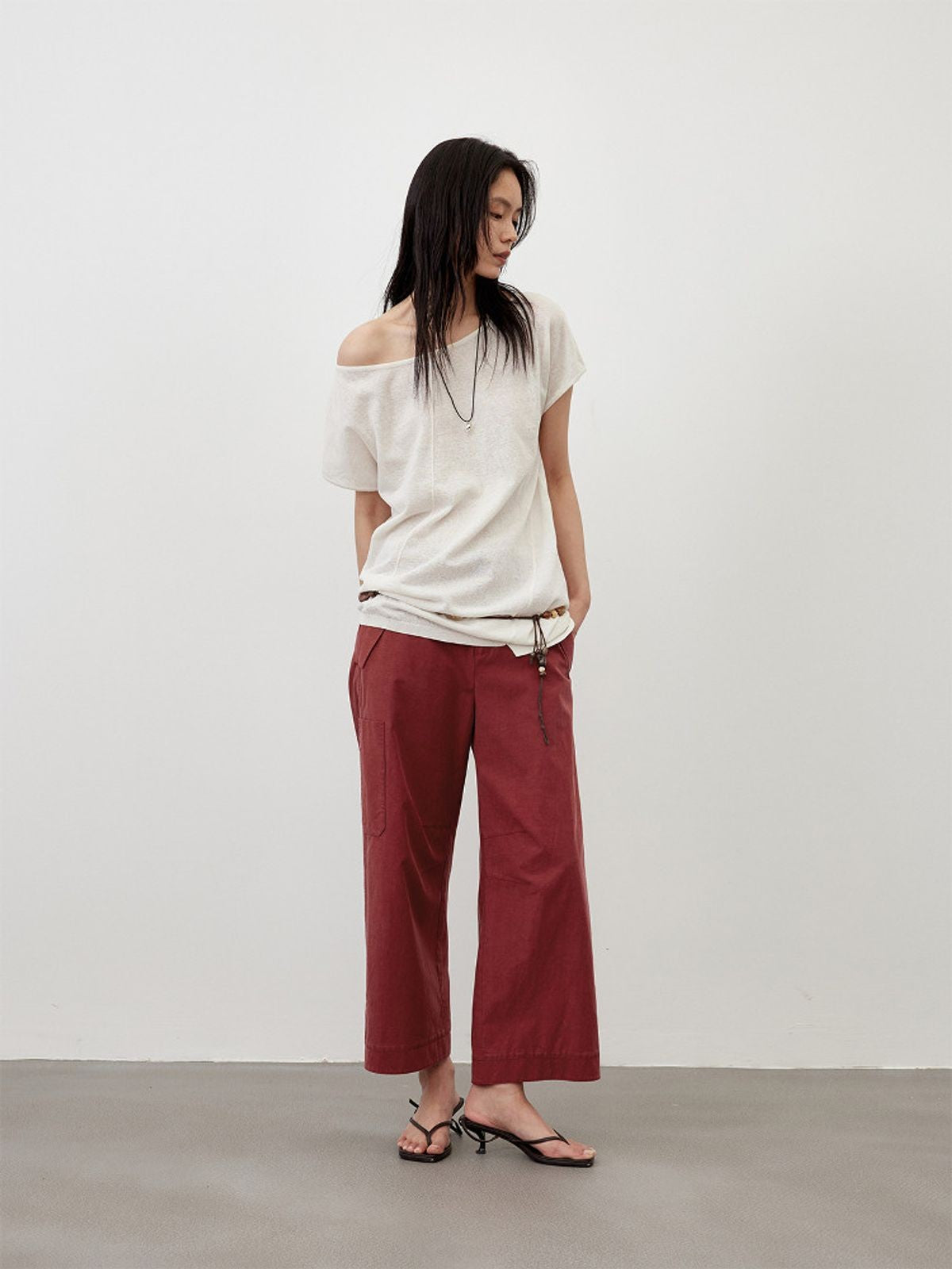 RandomPiece Asymmetric Linen Blend Knit Top in White - On Model