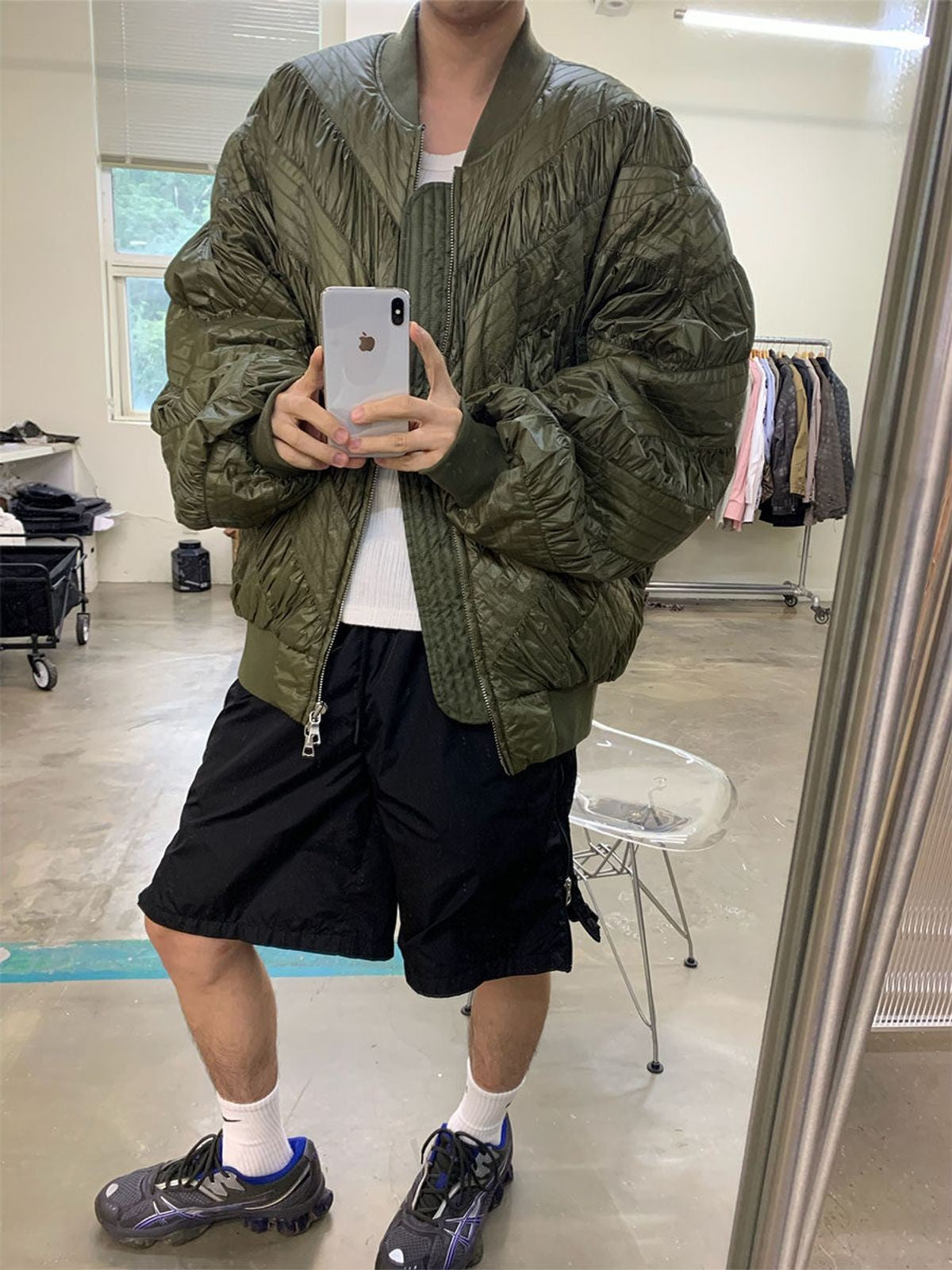 NeverSeez Handmade Pleated Bomber Jacket in Olive - On Male Model