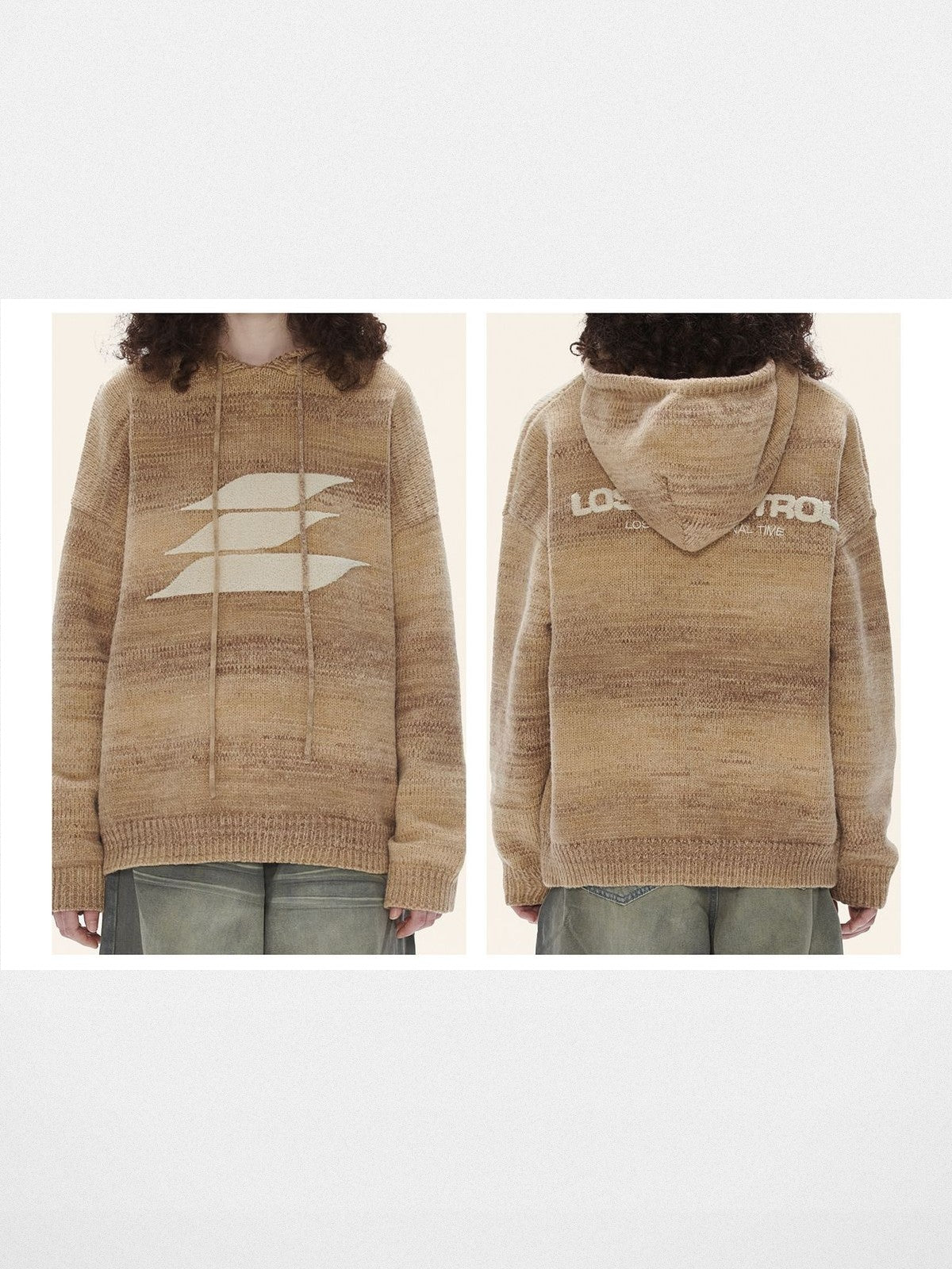 LOSTCTRL Chenille Logo Knit Hoodie in Khaki - On Female Model