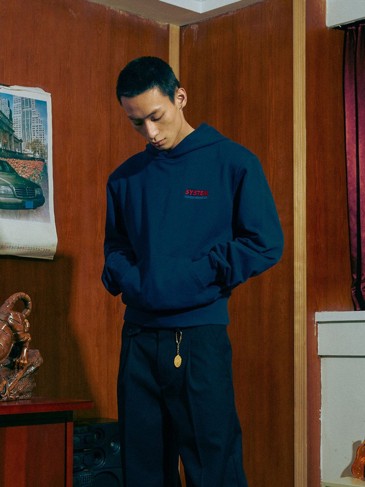 SOD Embroidered Padded Shoulder Hoodie in Blue - On Model