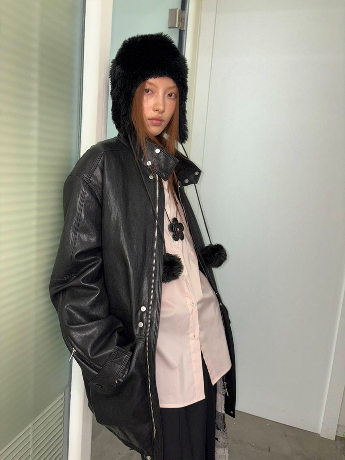 NeverSeez Mid Length Faux Leather Coat in Black - On Model