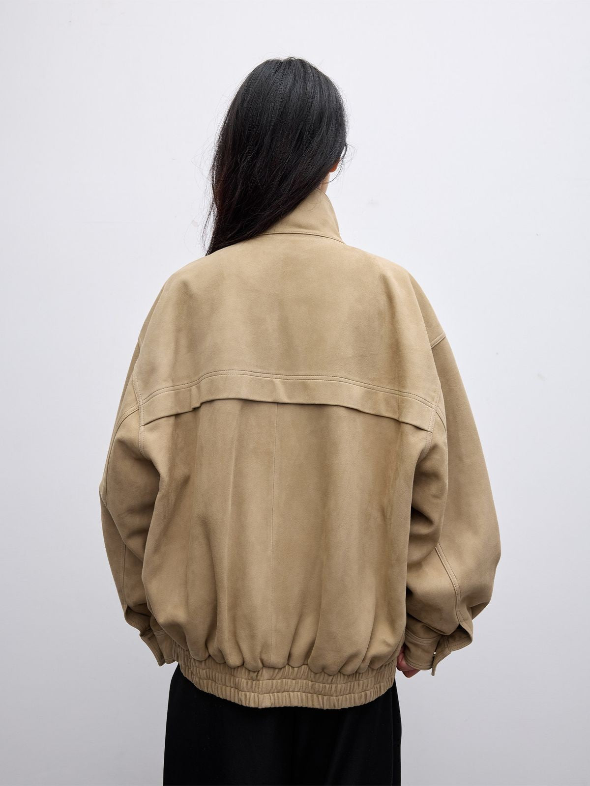 RandomPiece Lambskin Suede Stand Collar Jacket in Khaki - On Model