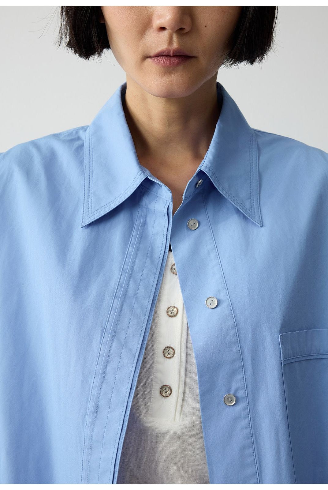 RandomPiece Oversized Supima Cotton Shirt Jacket in Sky Blue - Detail