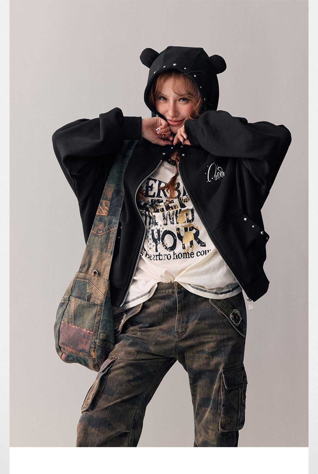 Beer Bro Washed Camo Micro Flare Cargo Pants in Brown - On Model