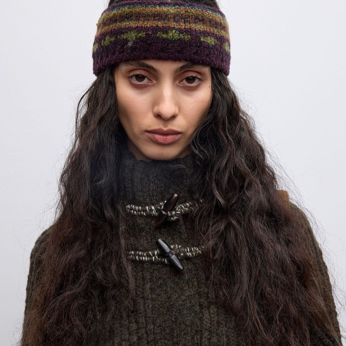 Randompiece Lambswool Stand Collar Toggle Cardigan in Green - On Model