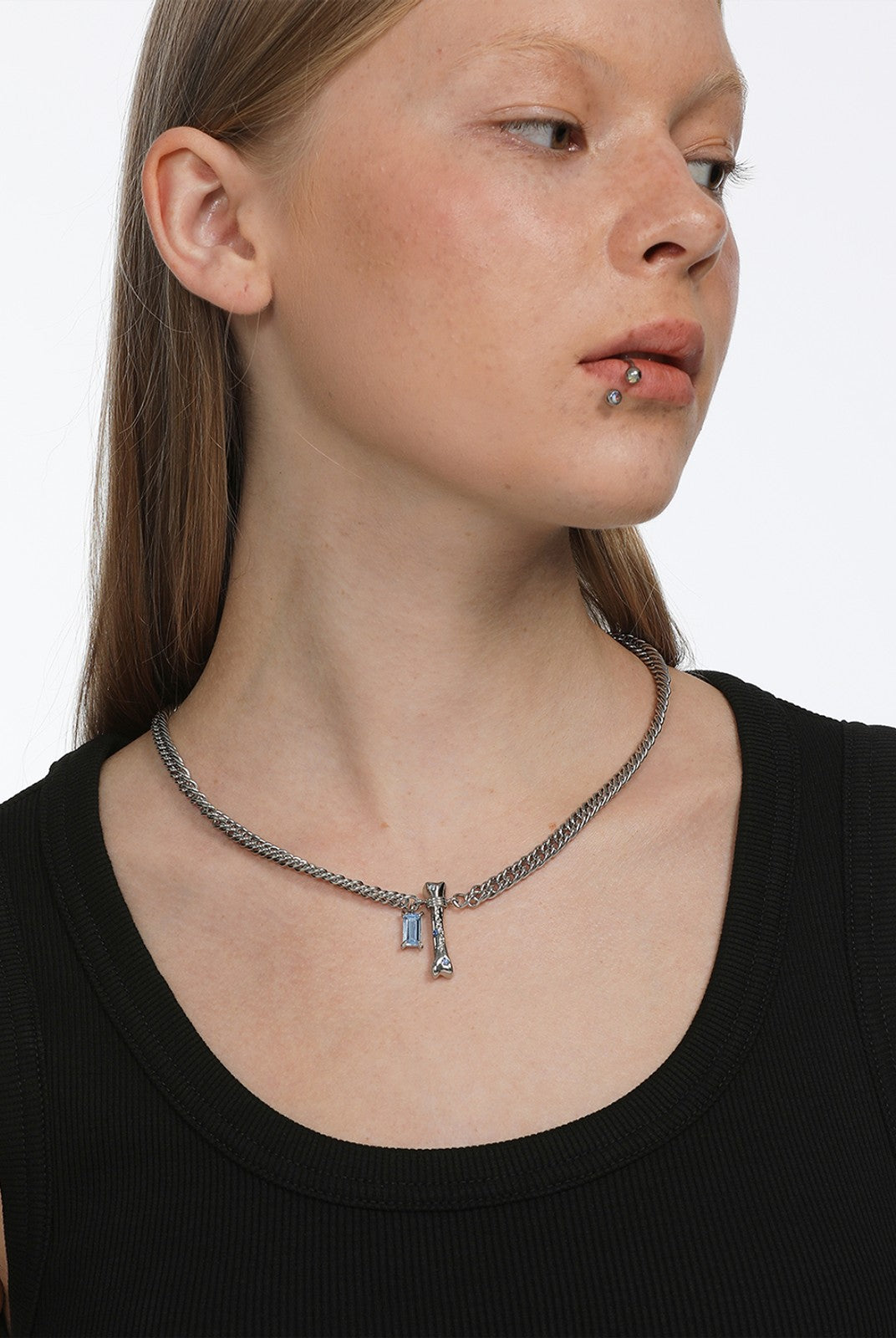 BLACKHEAD Blue Rhinestone Bone Necklace in Silver - On Model