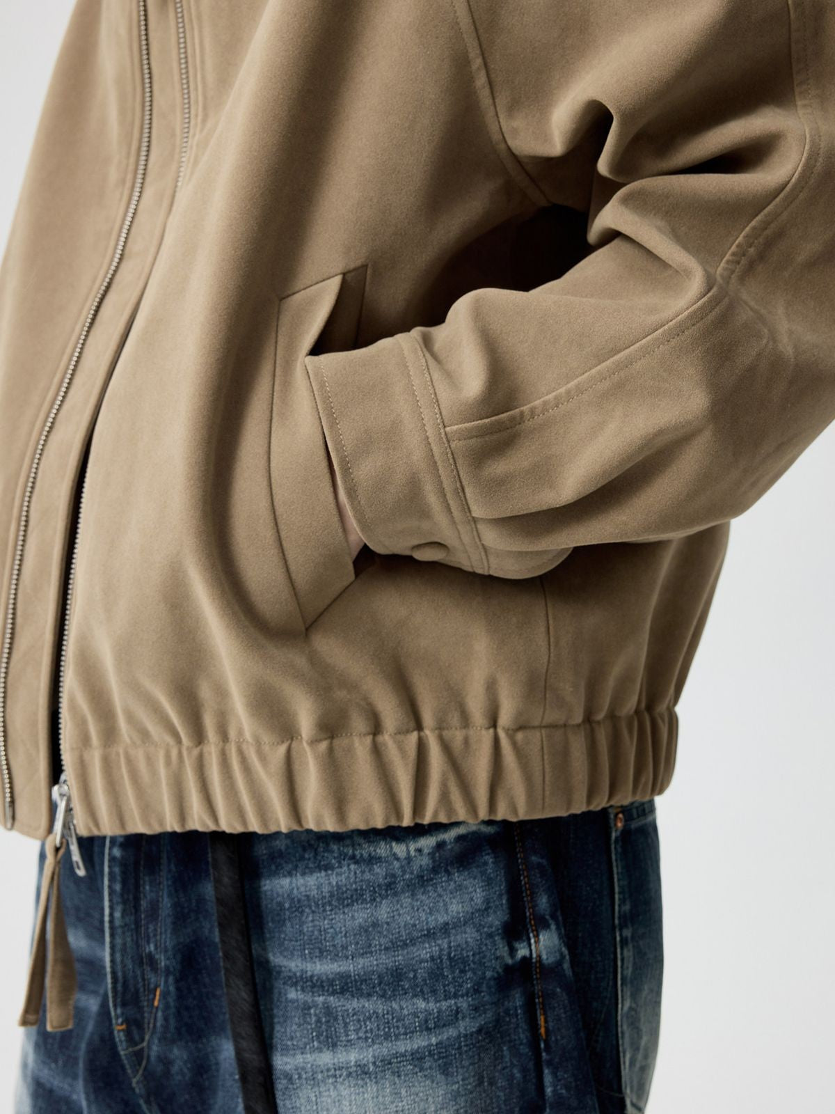 Simple Project Suede Texture Raglan Jacket in Khaki - On Male Model