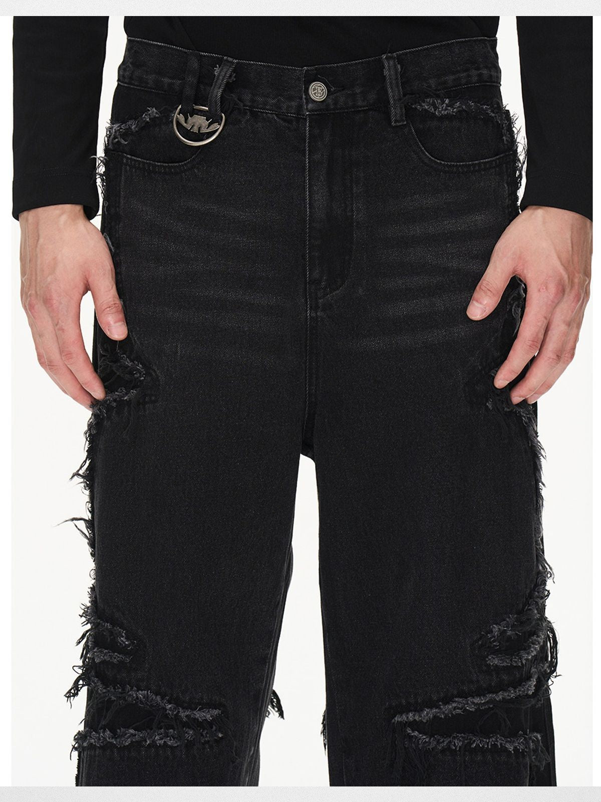 BLINDNOPLAN Raw Edge Distressed Paneled Jeans in Gray - On Model