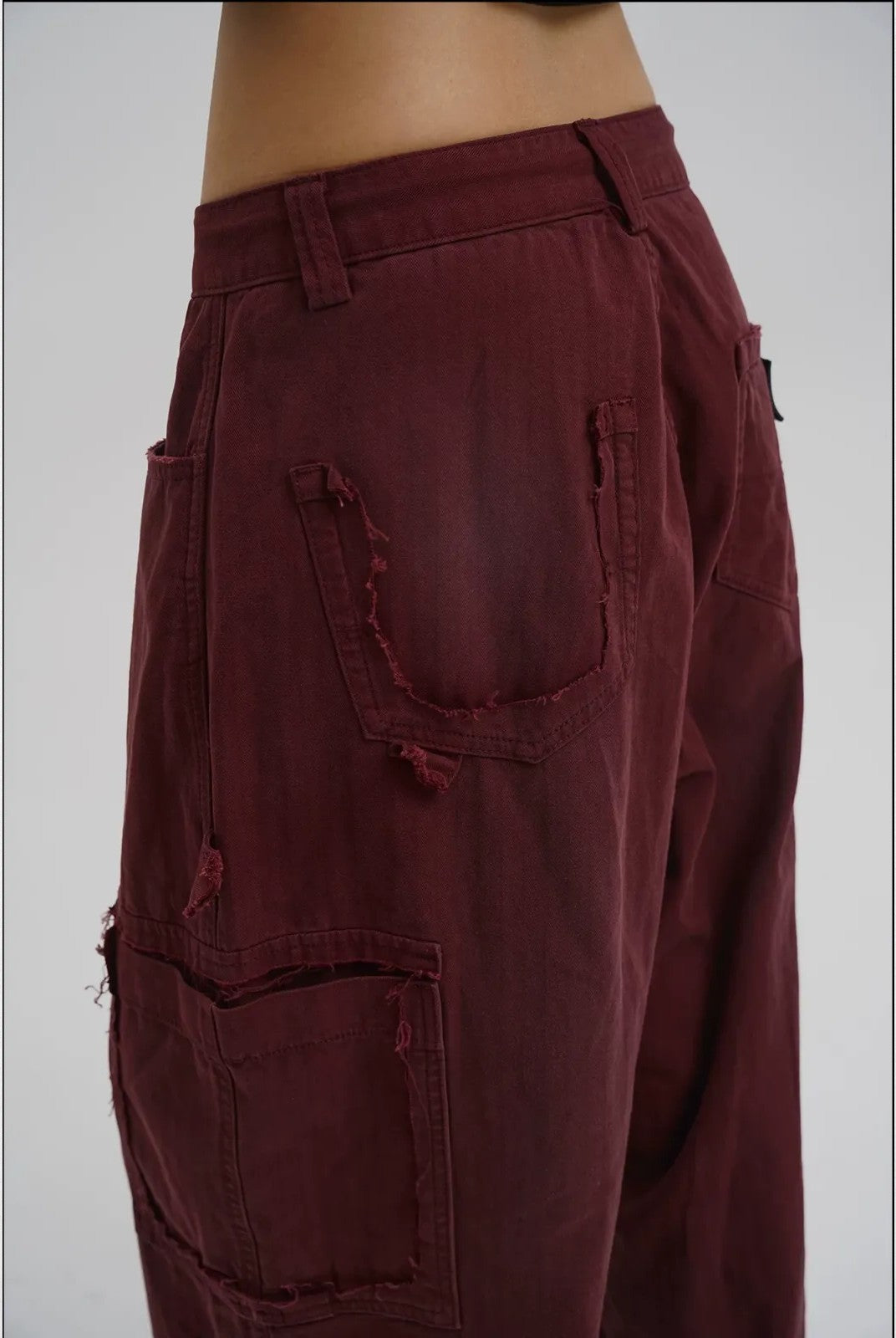 MASONPRINCE Distressed Wide Leg Cargo Pants in Burgundy - On Model