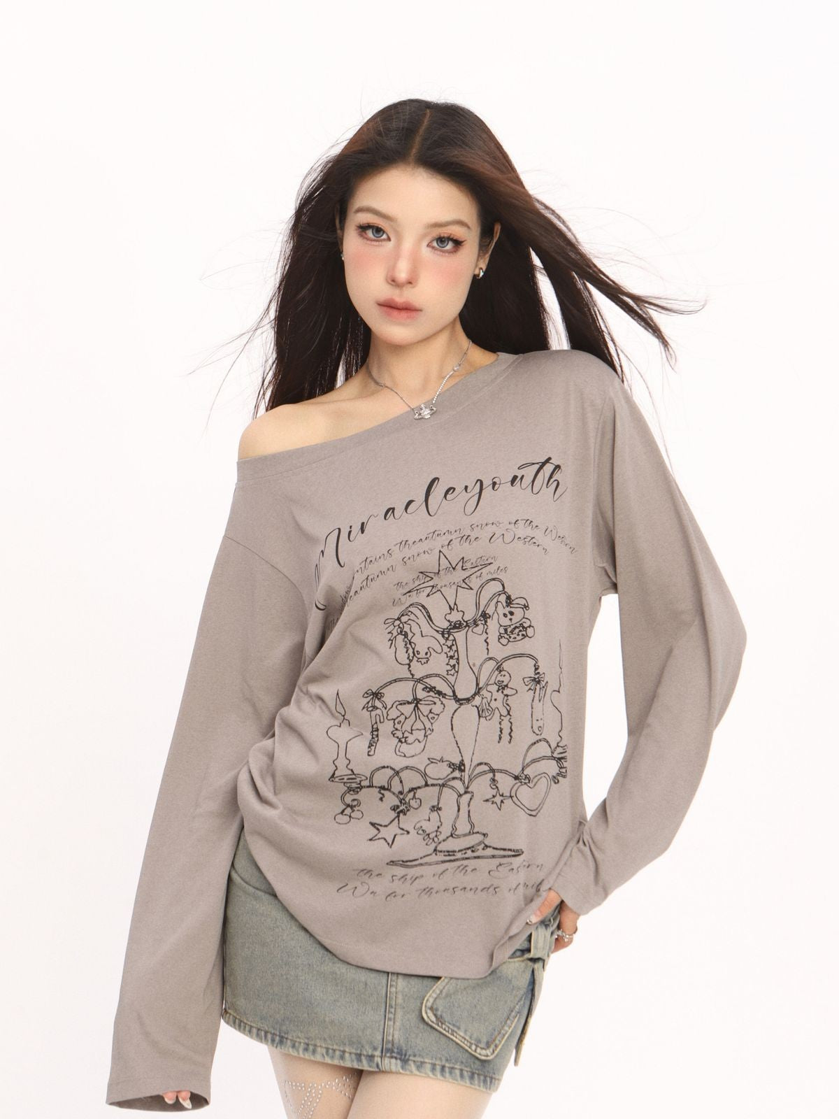 BIGGOLD STUDIO Graffiti Print Off Shoulder Tee in Beige - On Model #color_beige