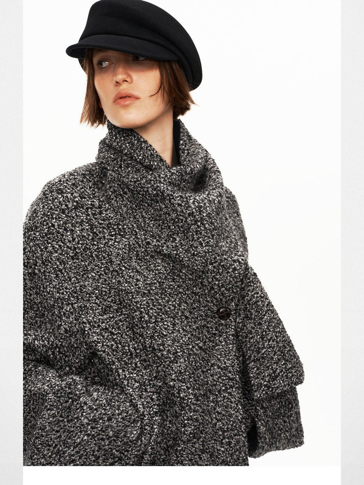 PUKI Snowflake Tweed Scarf Collar Jacket in Black - On Model
