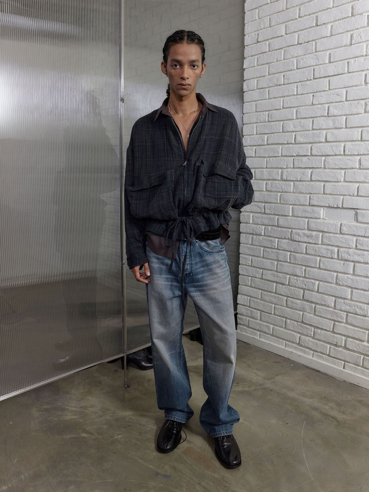 NeverSeez Linen Cotton Plaid Zip Jacket in Gray - On Male Model