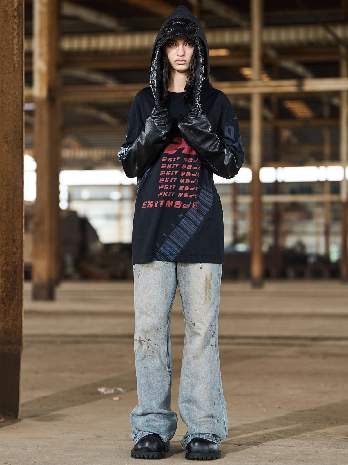 BLINDNOPLAN Distressed Ink Splatter Flare Jeans in Blue - On Model