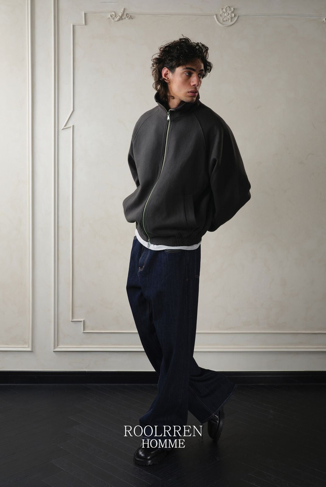 Roolrren Homme Melton Wool Blend Zip Blouson in Brown - On Model