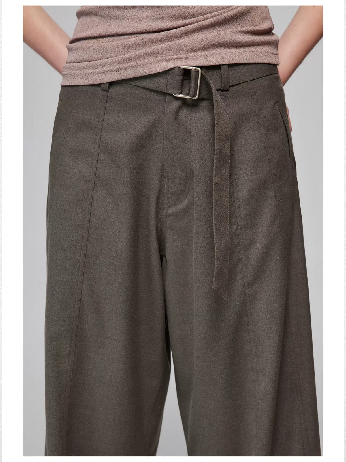 Simple Project Curved Panel Belted Wide Leg Trousers in Beige - On Model