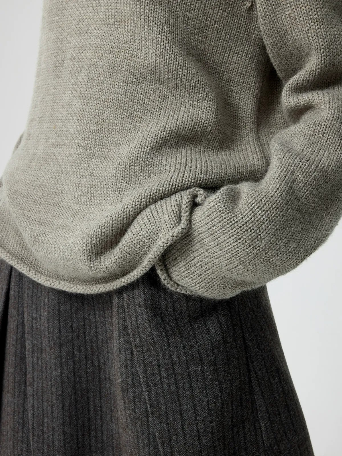 Simple Project Rolled Hem Shepherd Sweater in Olive - On Female Model