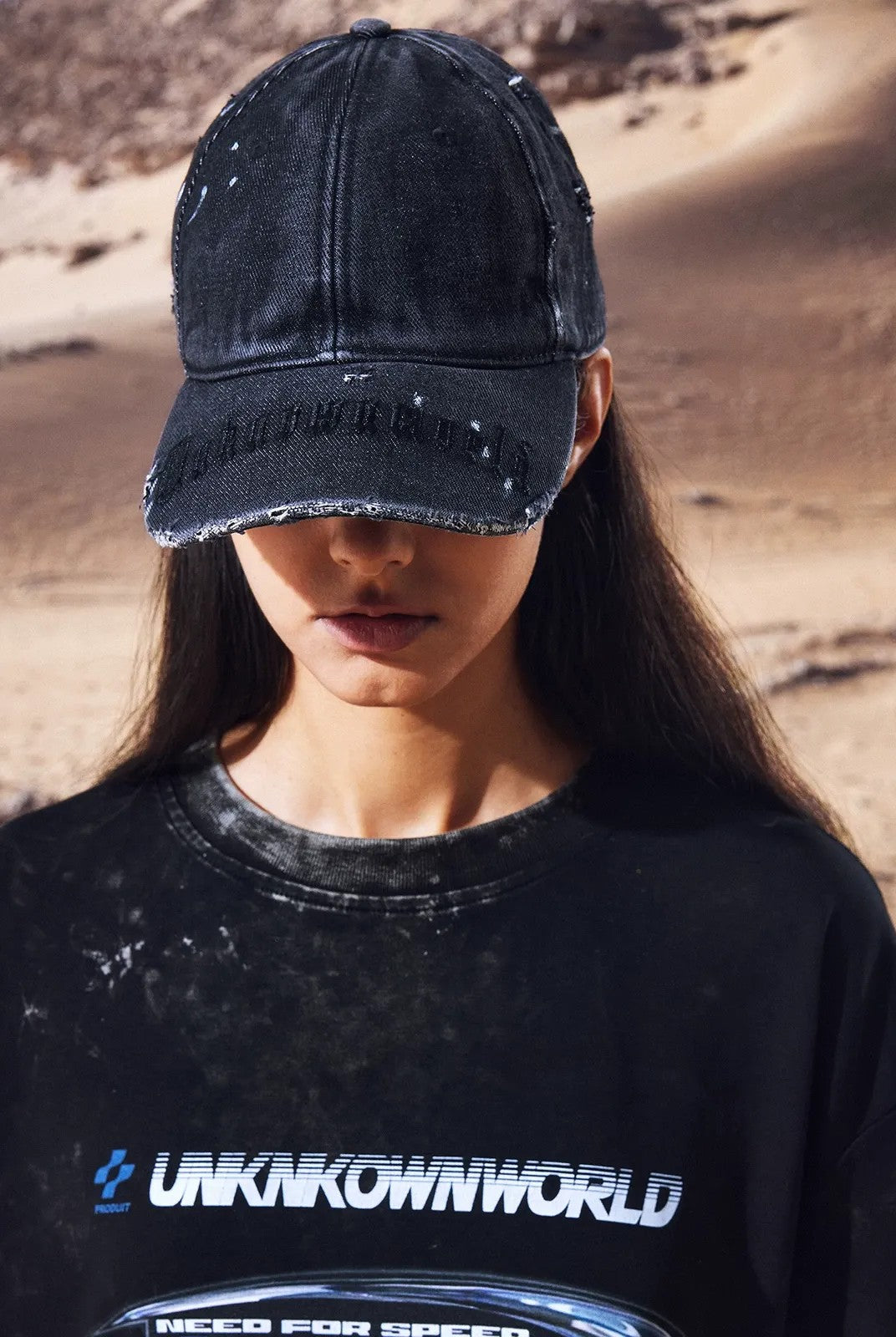 UNKNOWNWORLD Distressed Paint Splatter Cap in Black - On Model