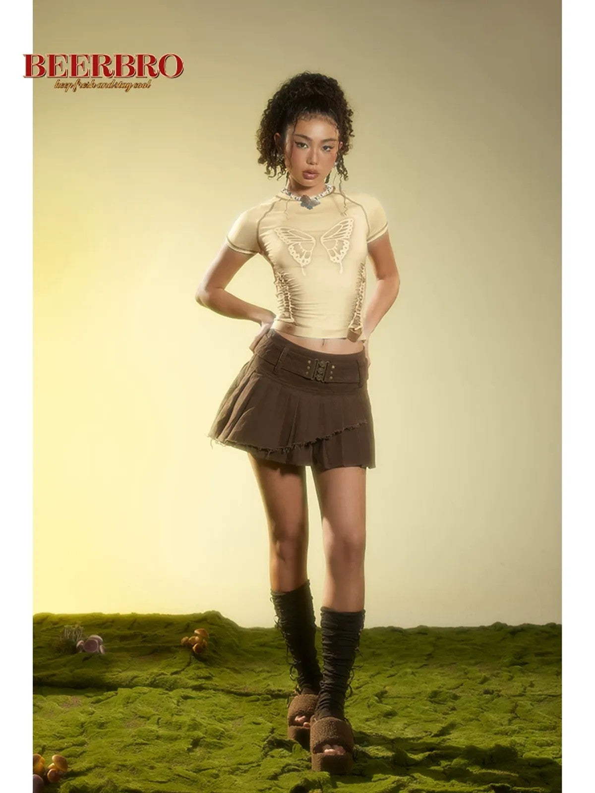 BeerBro Airbrush Butterfly Cutout Tee in Cream - On Model