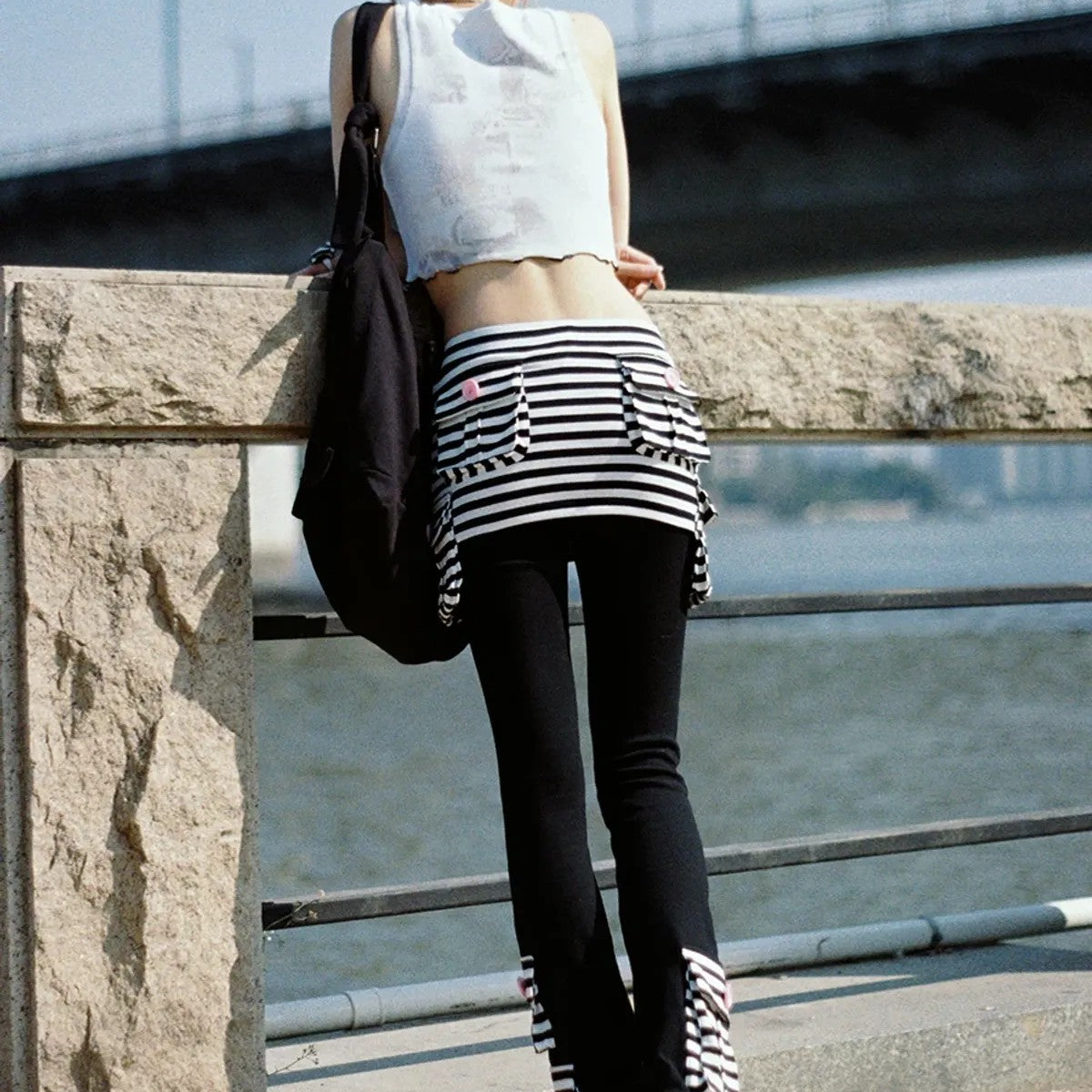 CFIERCE Striped Skirted Flare Trousers in Black - On Model