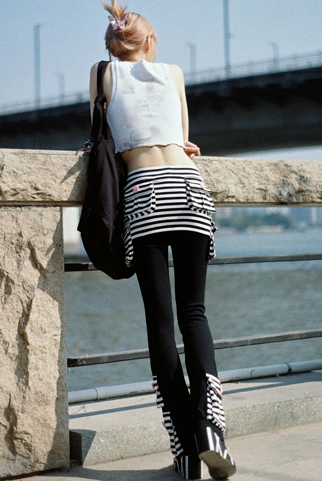 CFIERCE Striped Skirted Flare Trousers in Black - On Model