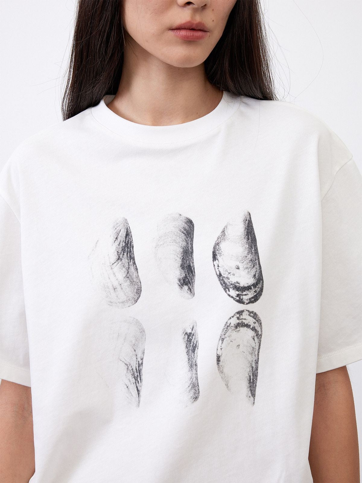 RandomPiece Shell Print High Twist Cotton T Shirt in White - On Model