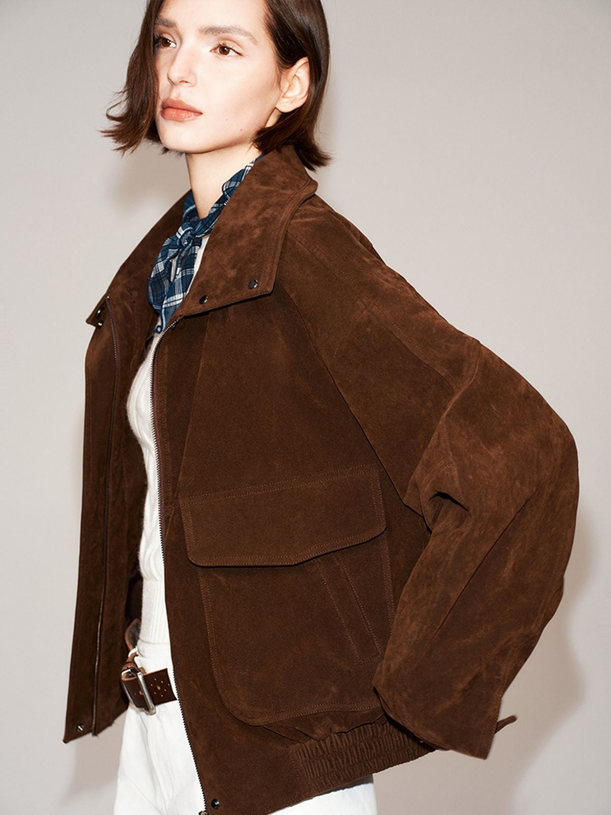 PUKI Cropped Sueded Stand Collar Jacket in Brown - On Model